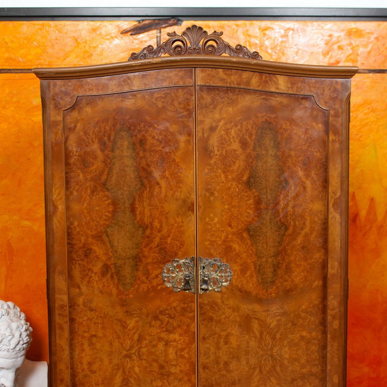 English Burl Walnut Wardrobe Armoire Queen Anne Drawers In Good Condition In Newcastle upon Tyne, GB