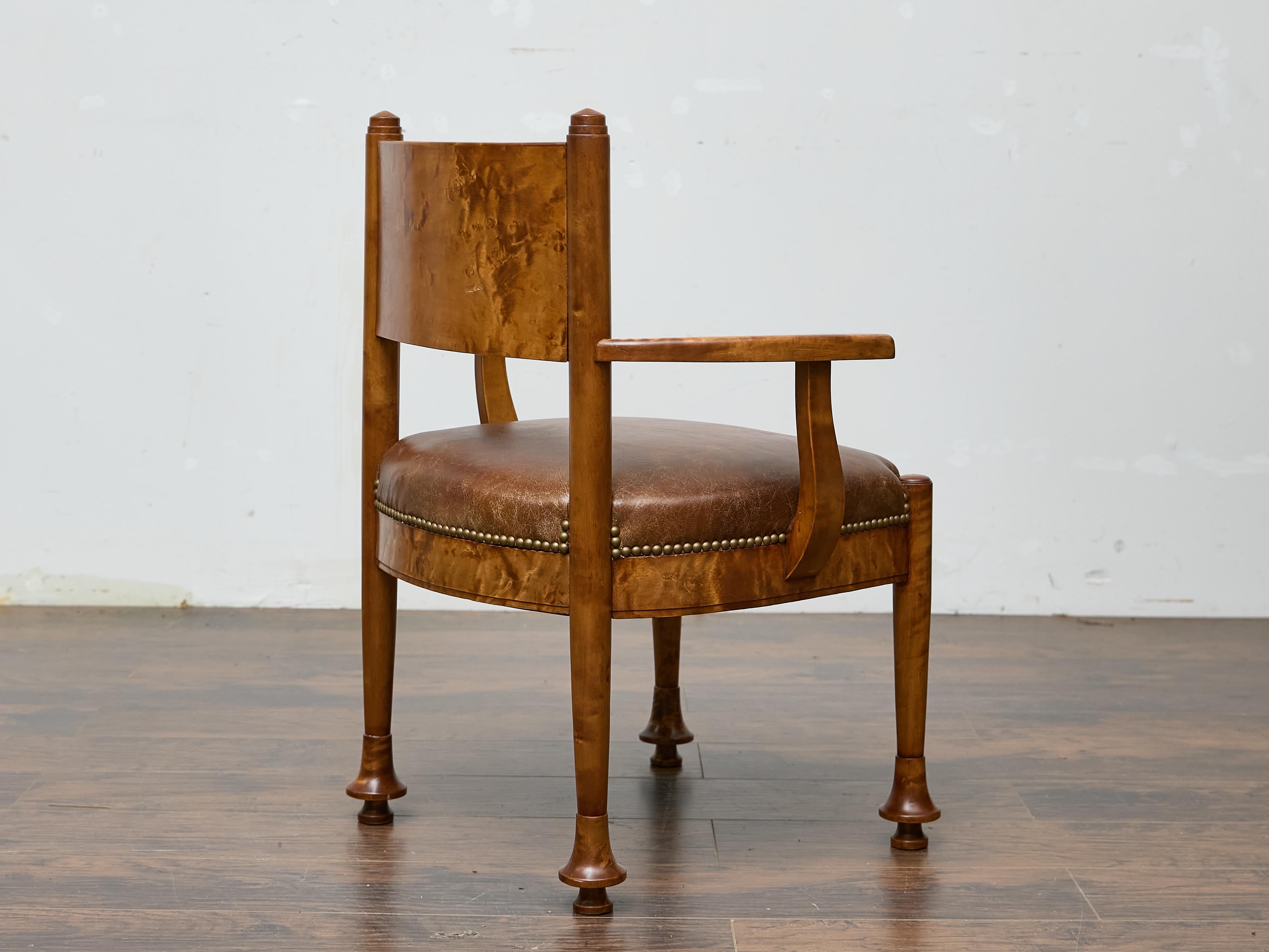 English Burl Wood Armchair with Leather Upholstery and Turned Disc Feet For Sale 5