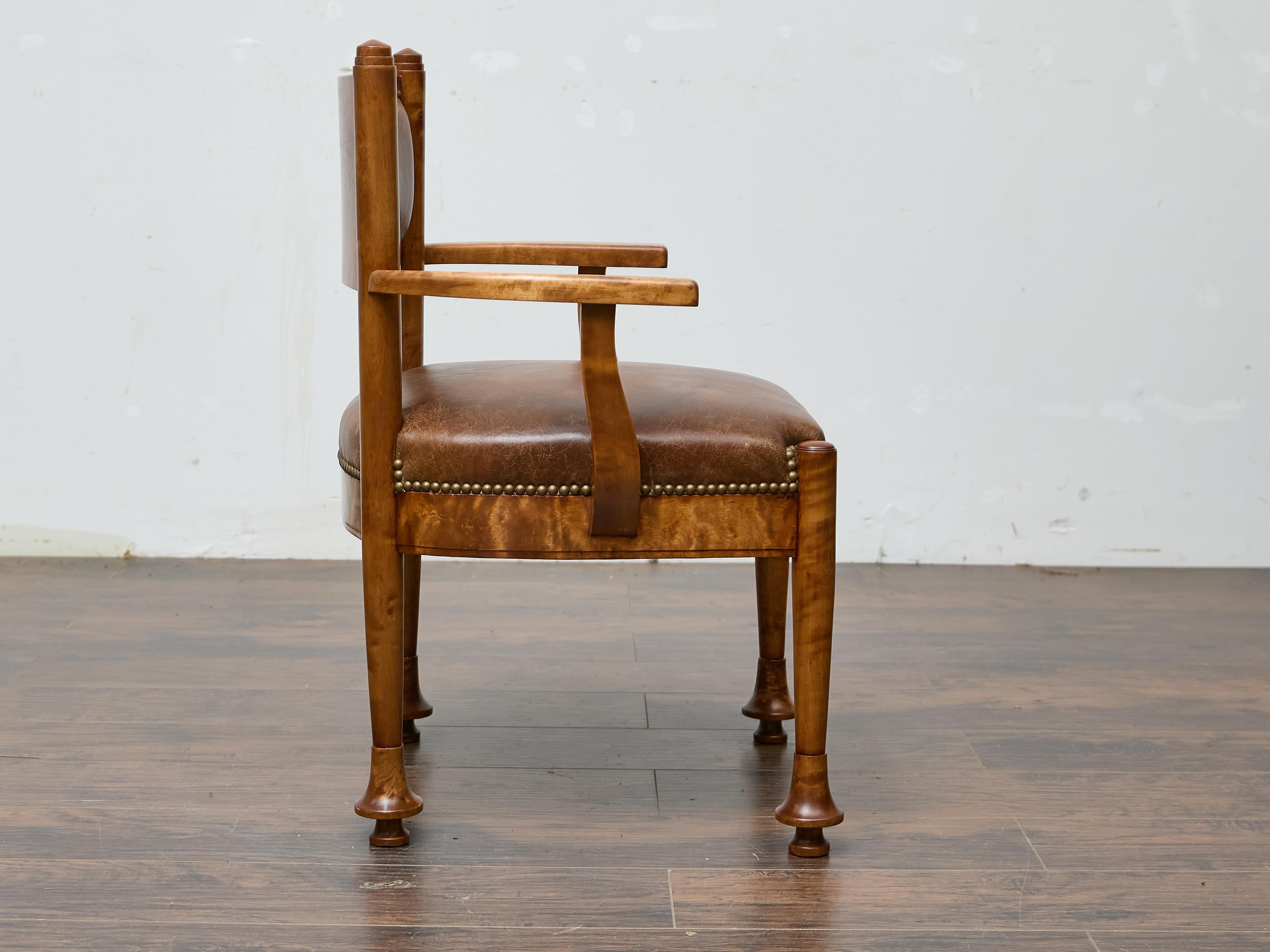 English Burl Wood Armchair with Leather Upholstery and Turned Disc Feet For Sale 6