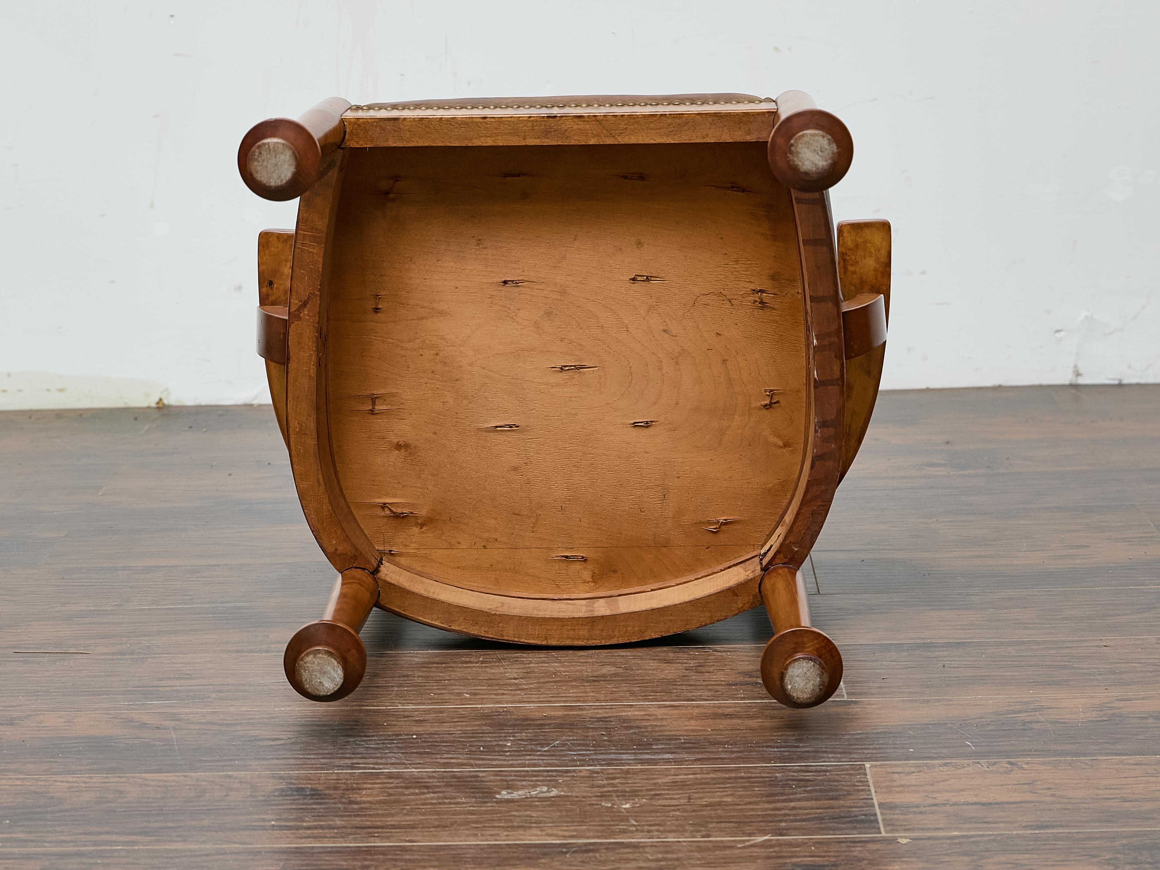 English Burl Wood Armchair with Leather Upholstery and Turned Disc Feet For Sale 7