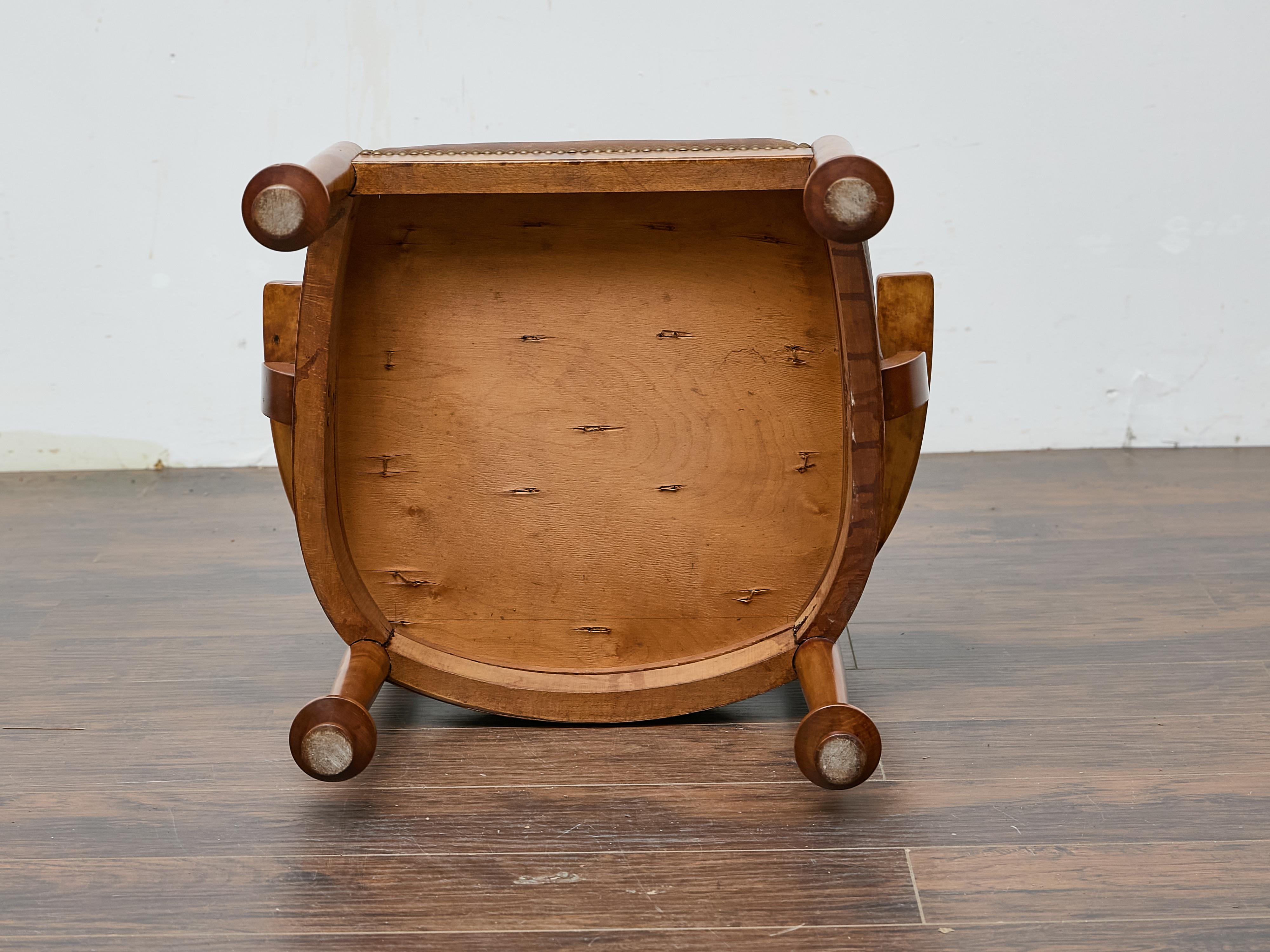 English Burl Wood Armchair with Leather Upholstery and Turned Disc Feet For Sale 8