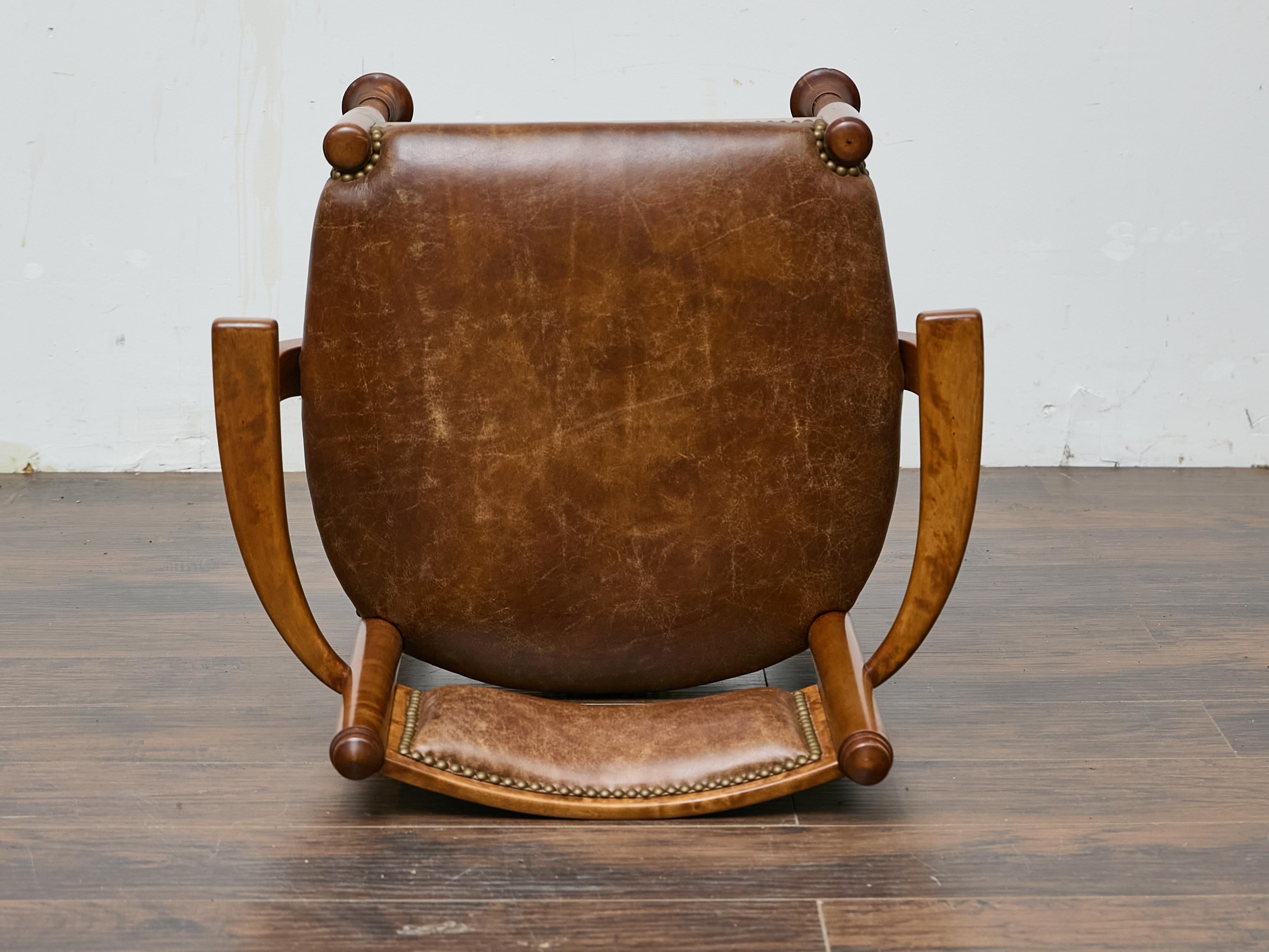English Burl Wood Armchair with Leather Upholstery and Turned Disc Feet For Sale 9