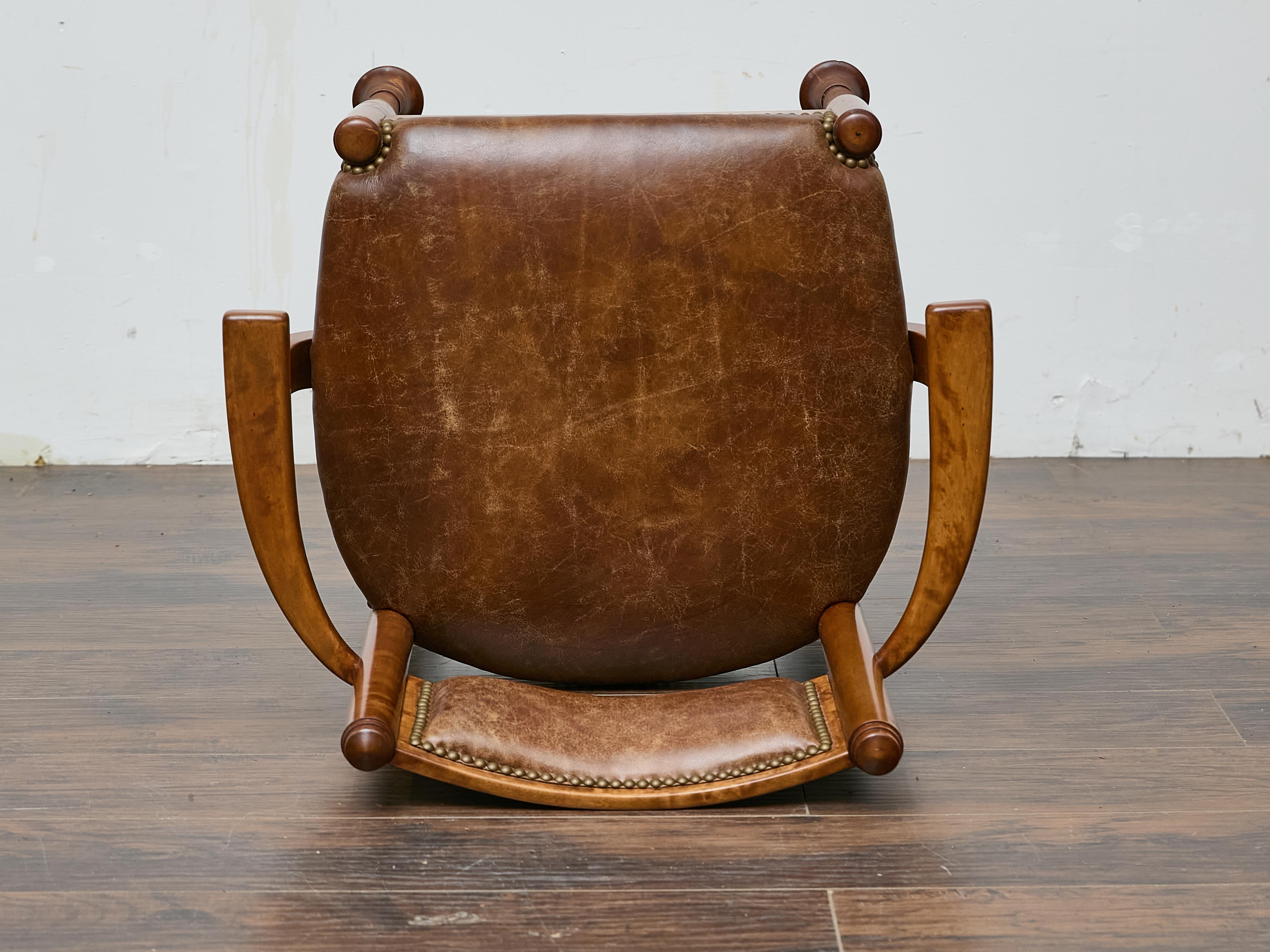 English Burl Wood Armchair with Leather Upholstery and Turned Disc Feet For Sale 10