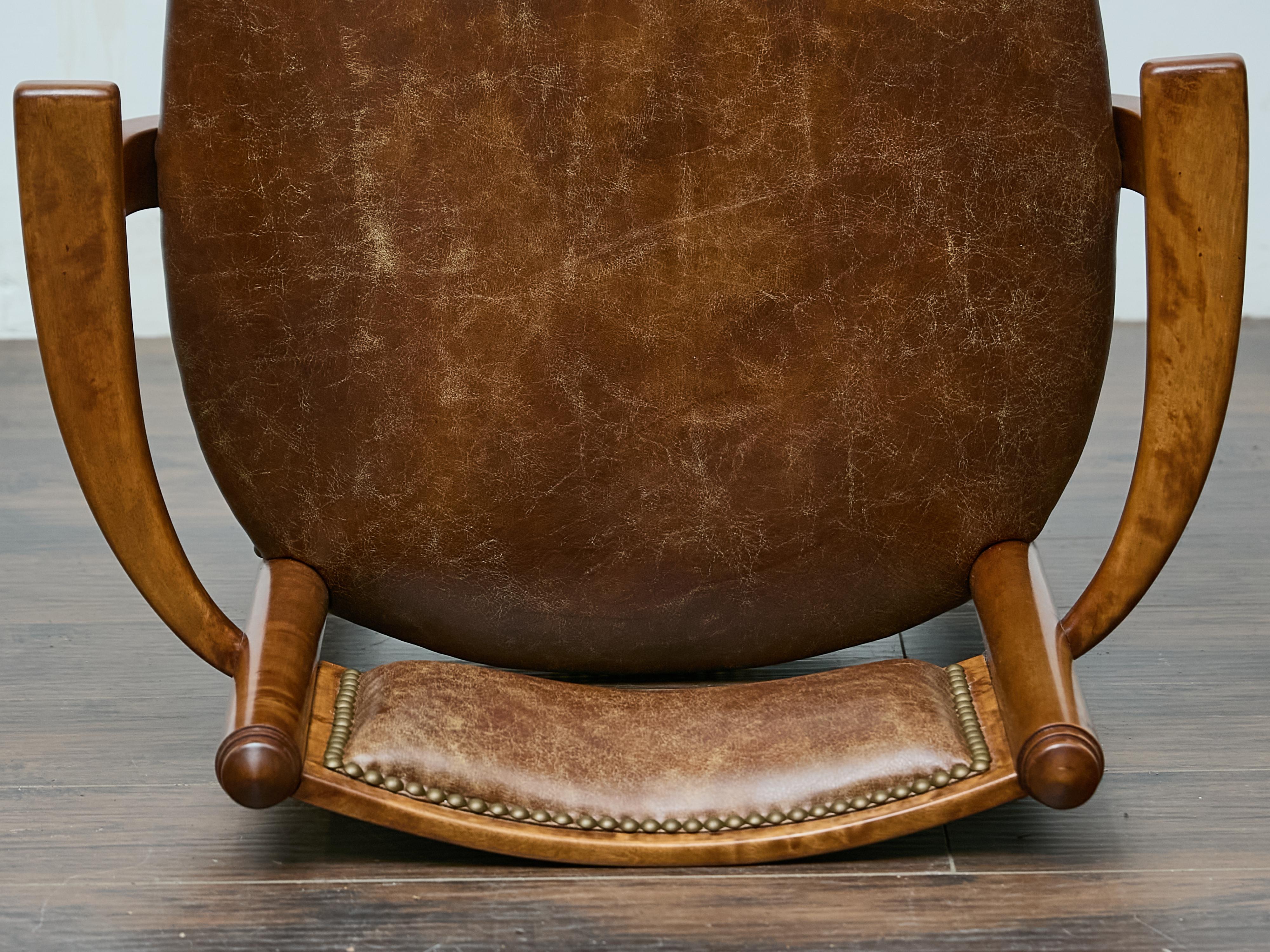 English Burl Wood Armchair with Leather Upholstery and Turned Disc Feet For Sale 11