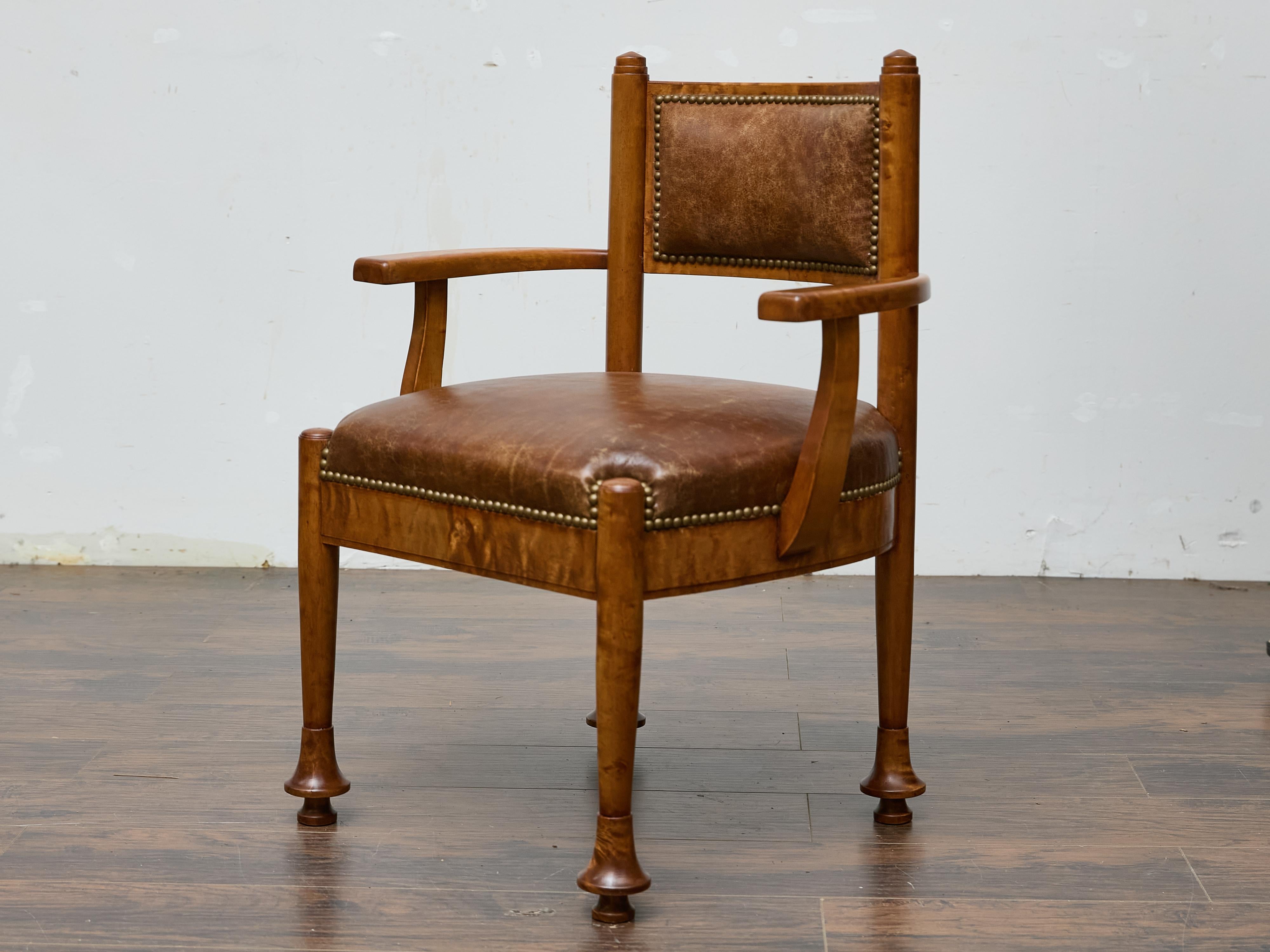 Veneer English Burl Wood Armchair with Leather Upholstery and Turned Disc Feet For Sale
