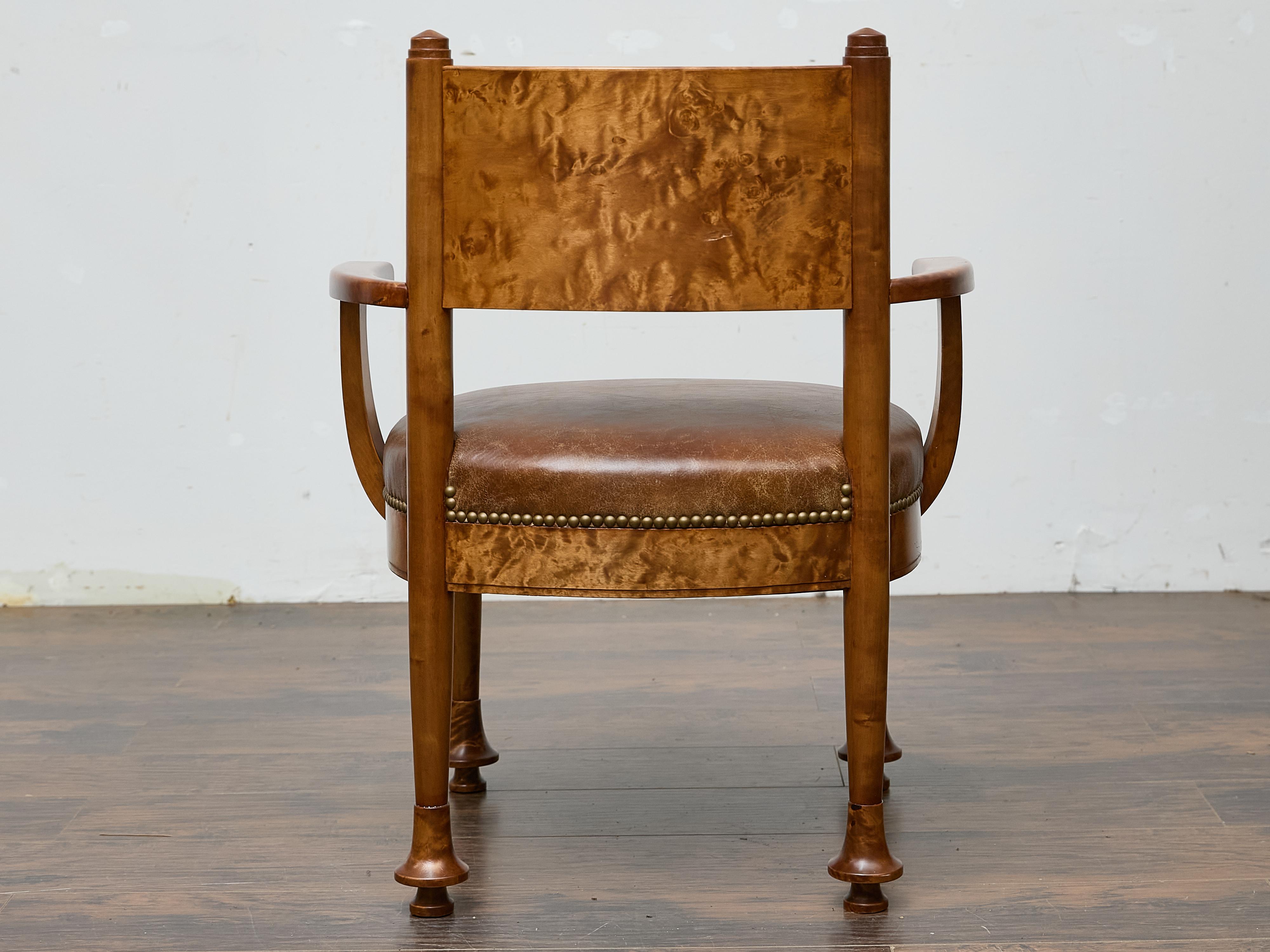 English Burl Wood Armchair with Leather Upholstery and Turned Disc Feet For Sale 2