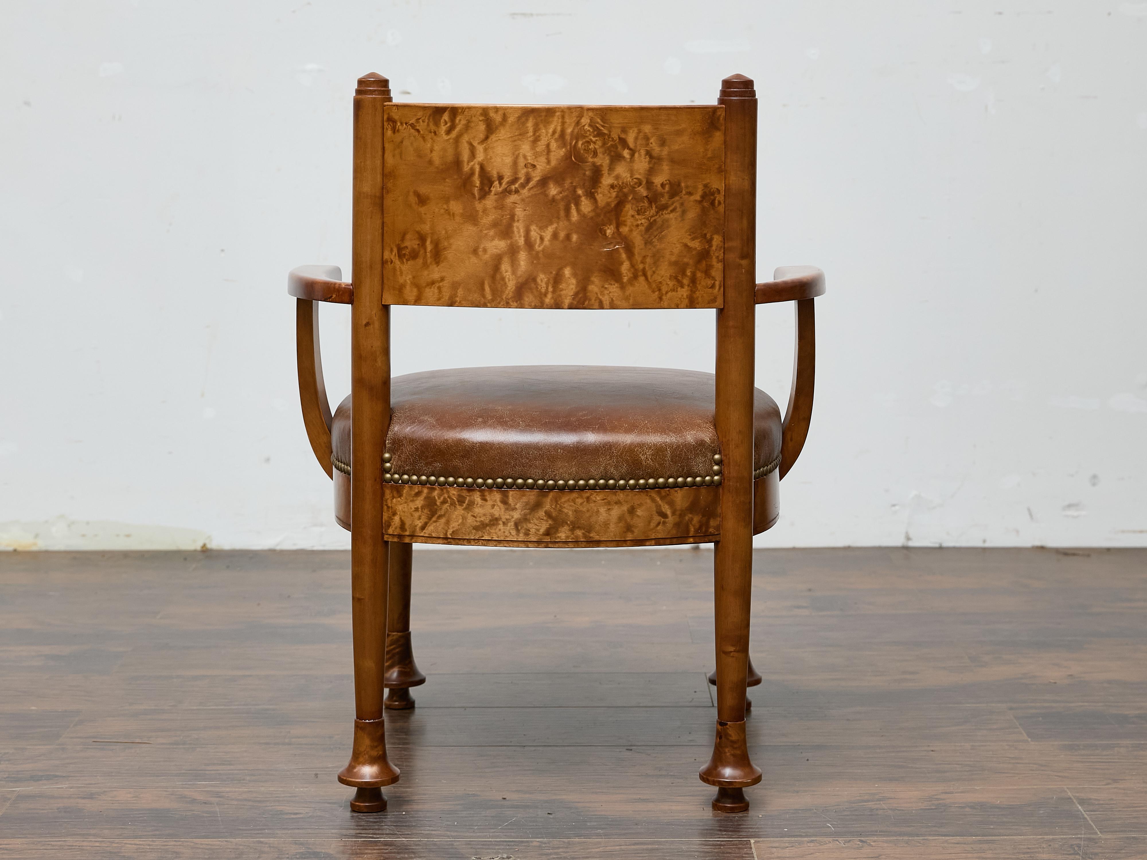 English Burl Wood Armchair with Leather Upholstery and Turned Disc Feet For Sale 3
