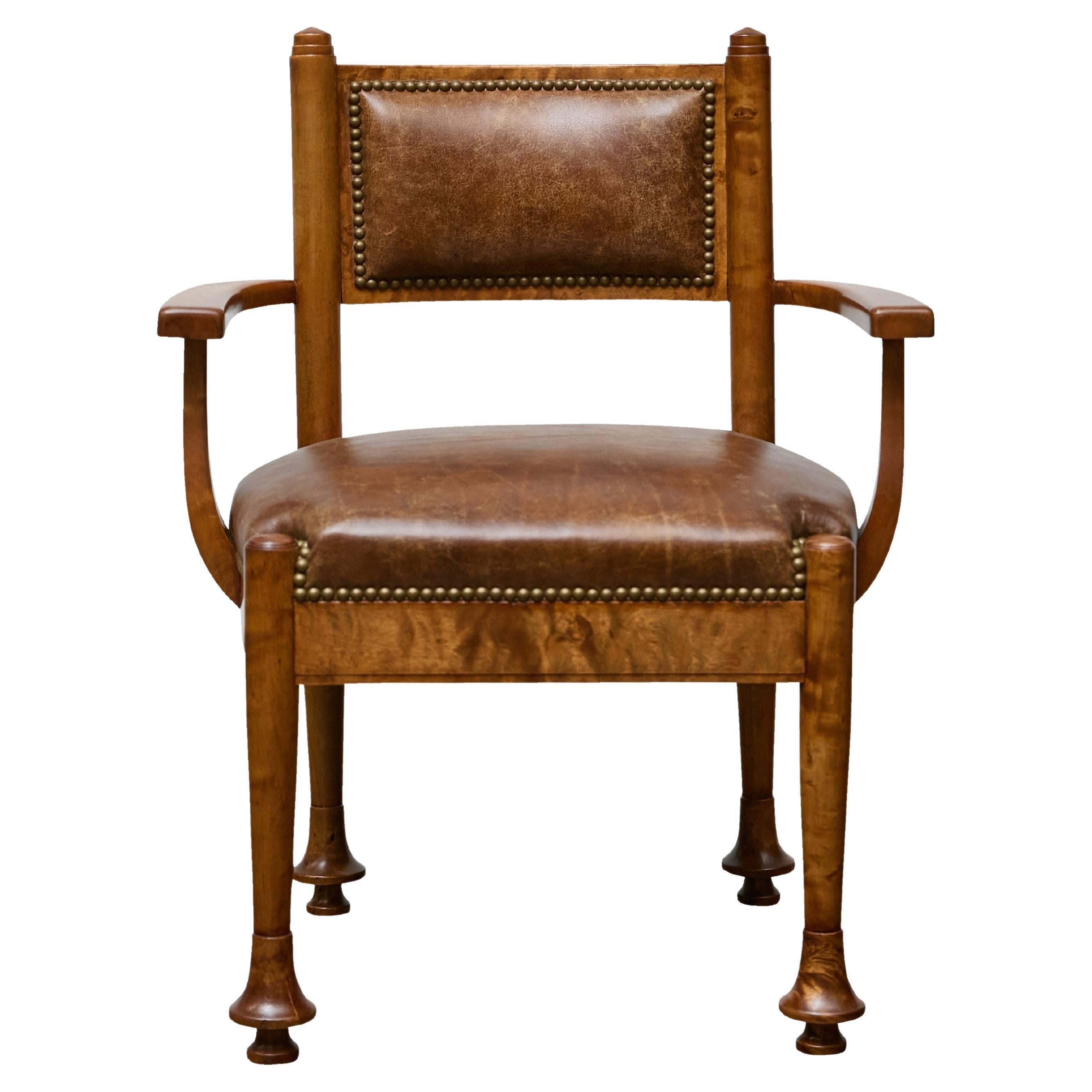 English Burl Wood Armchair with Leather Upholstery and Turned Disc Feet