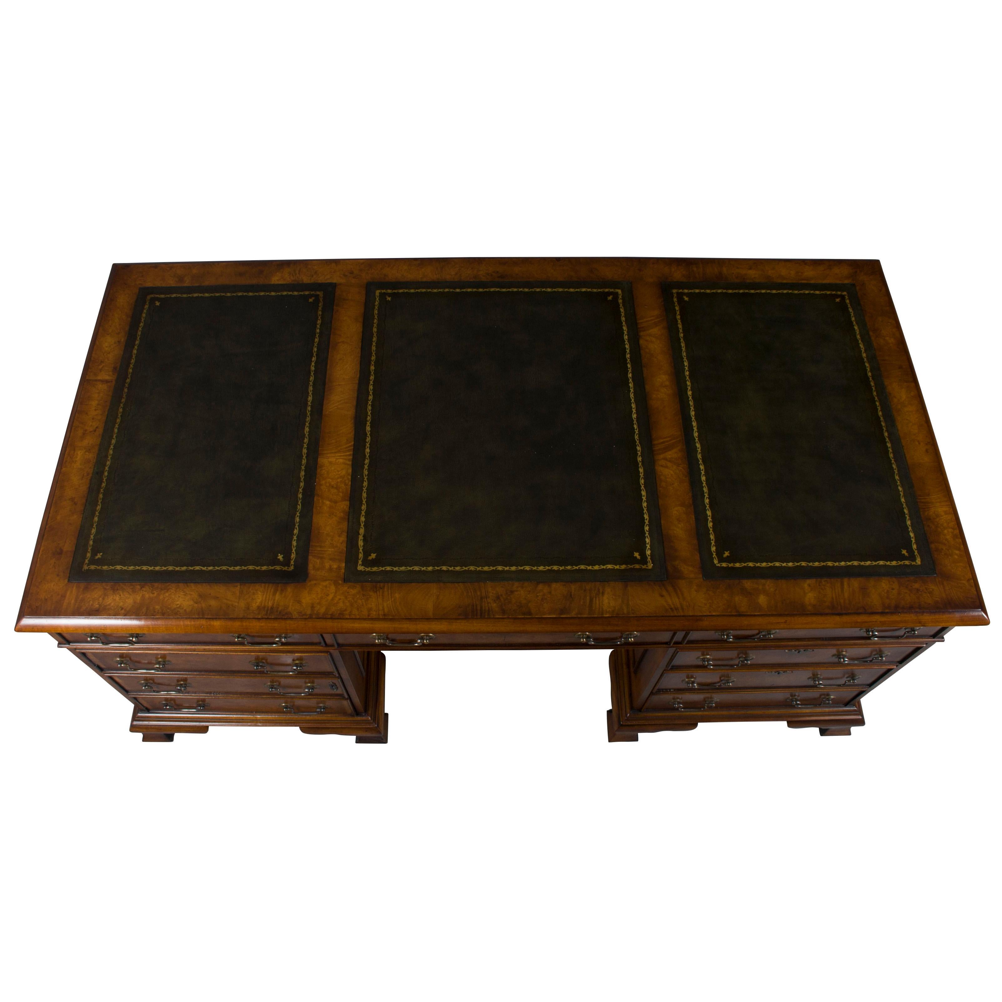 English Burled Walnut Large Leather Top Pedestal Desk 1