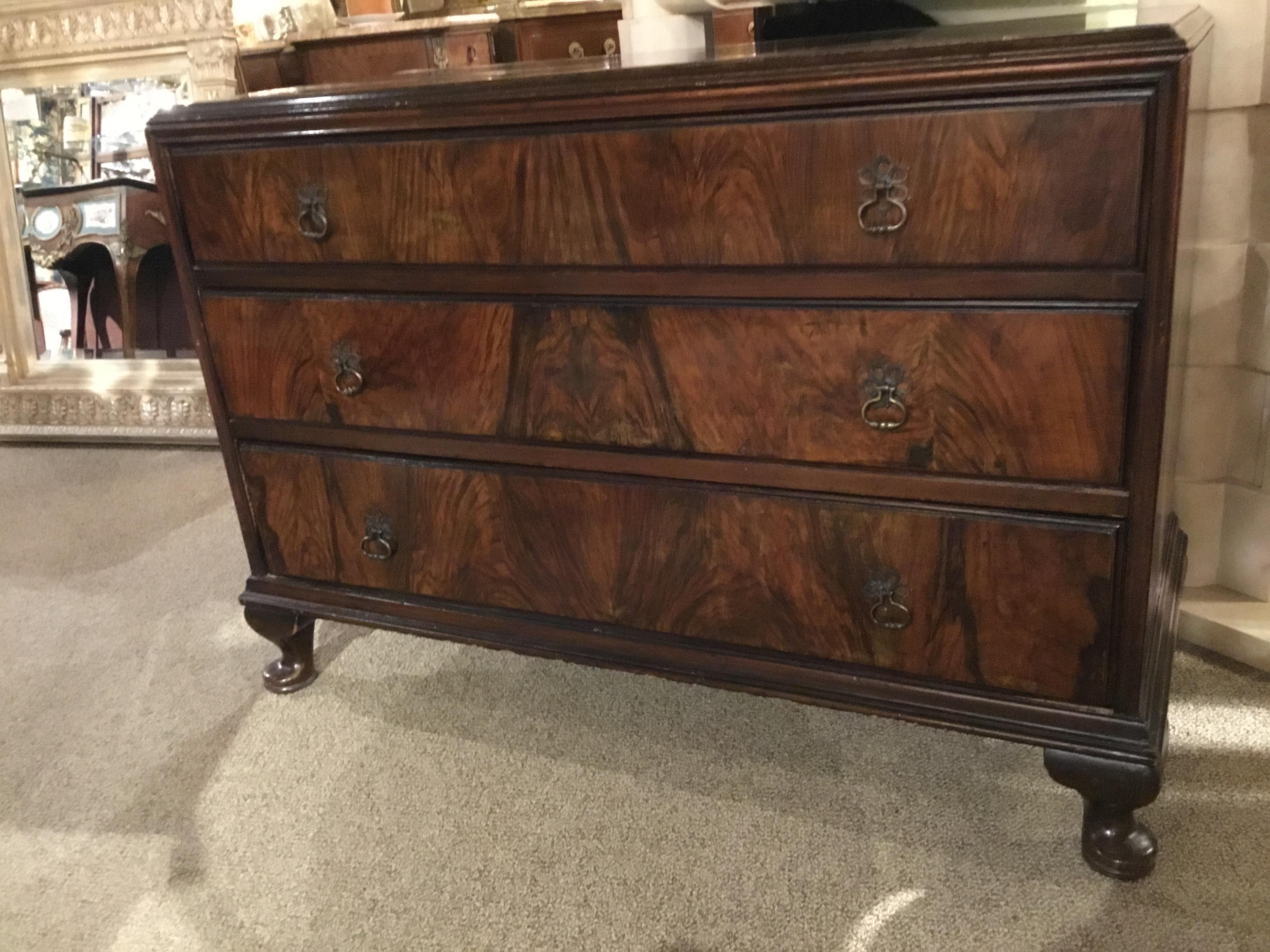 Mahogany English Burled Walnut Queen Anne Style Chest, 19th Century, Three Drawers