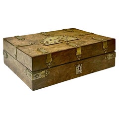 English Burled Wood Card Box with Brass Decoration With Contents