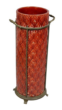 English Burmantofts Pottery and Brass Umbrella Stand