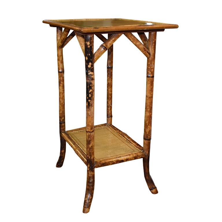 English Burnt Bamboo or Tortoise Rectangular Side Table with Floral Motif 1