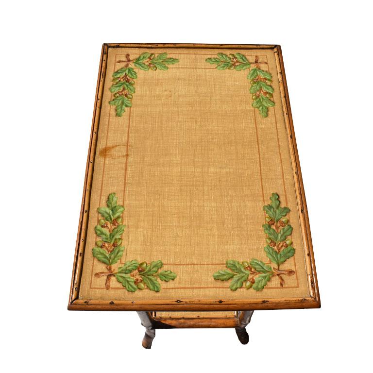 English Burnt Bamboo or Tortoise Rectangular Side Table with Floral Motif 2