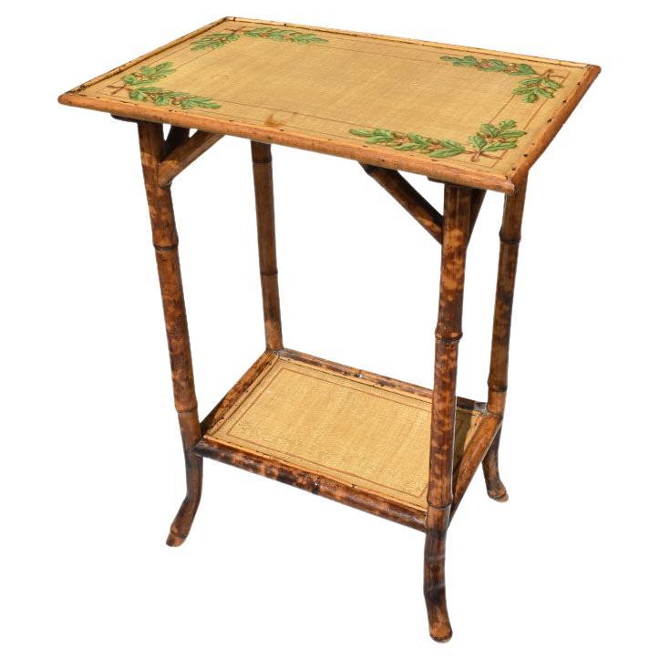 English Burnt Bamboo or Tortoise Rectangular Side Table with Floral Motif