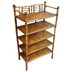 Used English Burnt Bamboo Tortoise Shell Chinoiserie Wood Bookshelf or Bookcase
