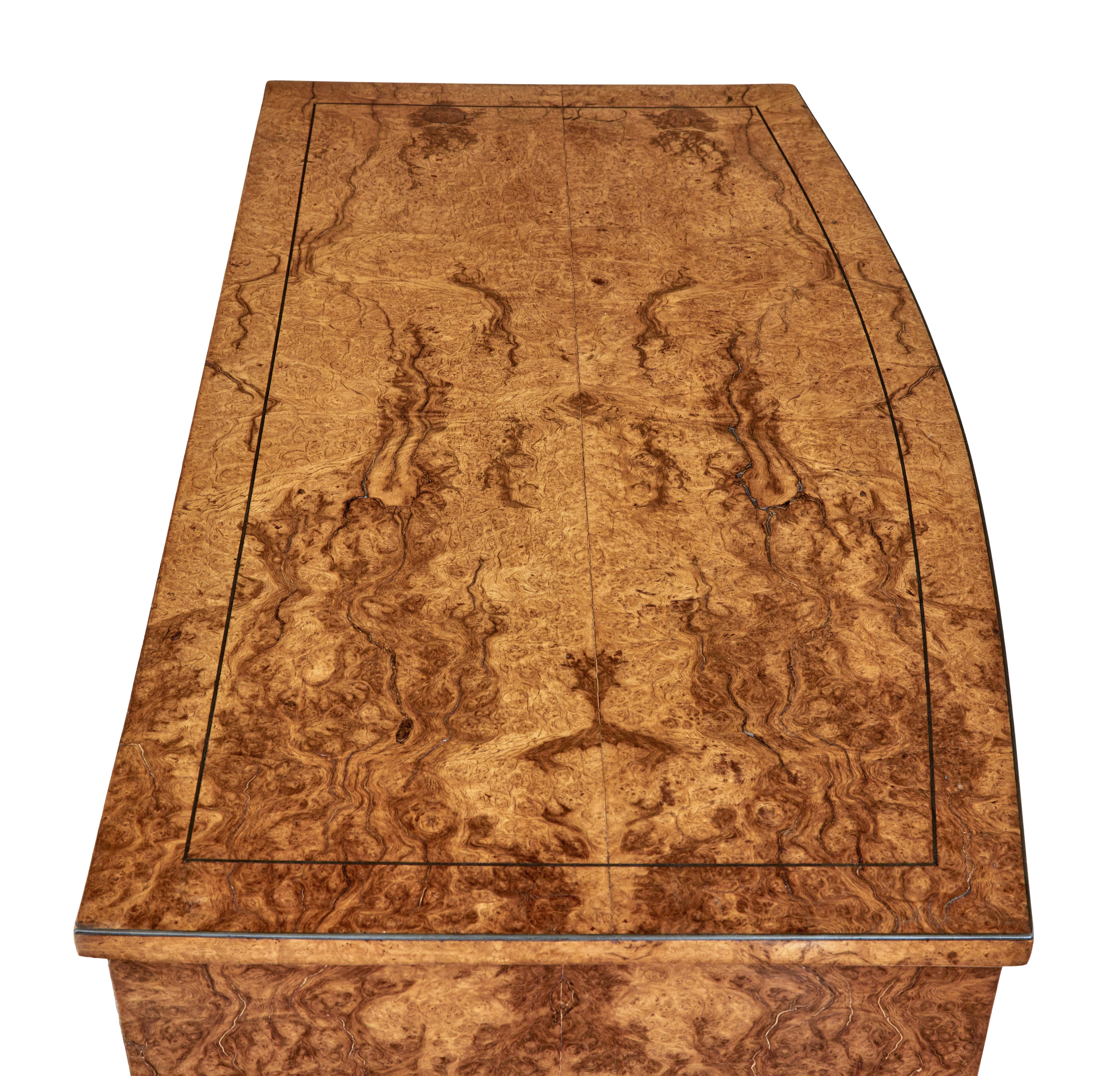 19th Century English Burr Walnut Bow Front Chest of Drawers circa 1870 with Bookmatch Veneer For Sale
