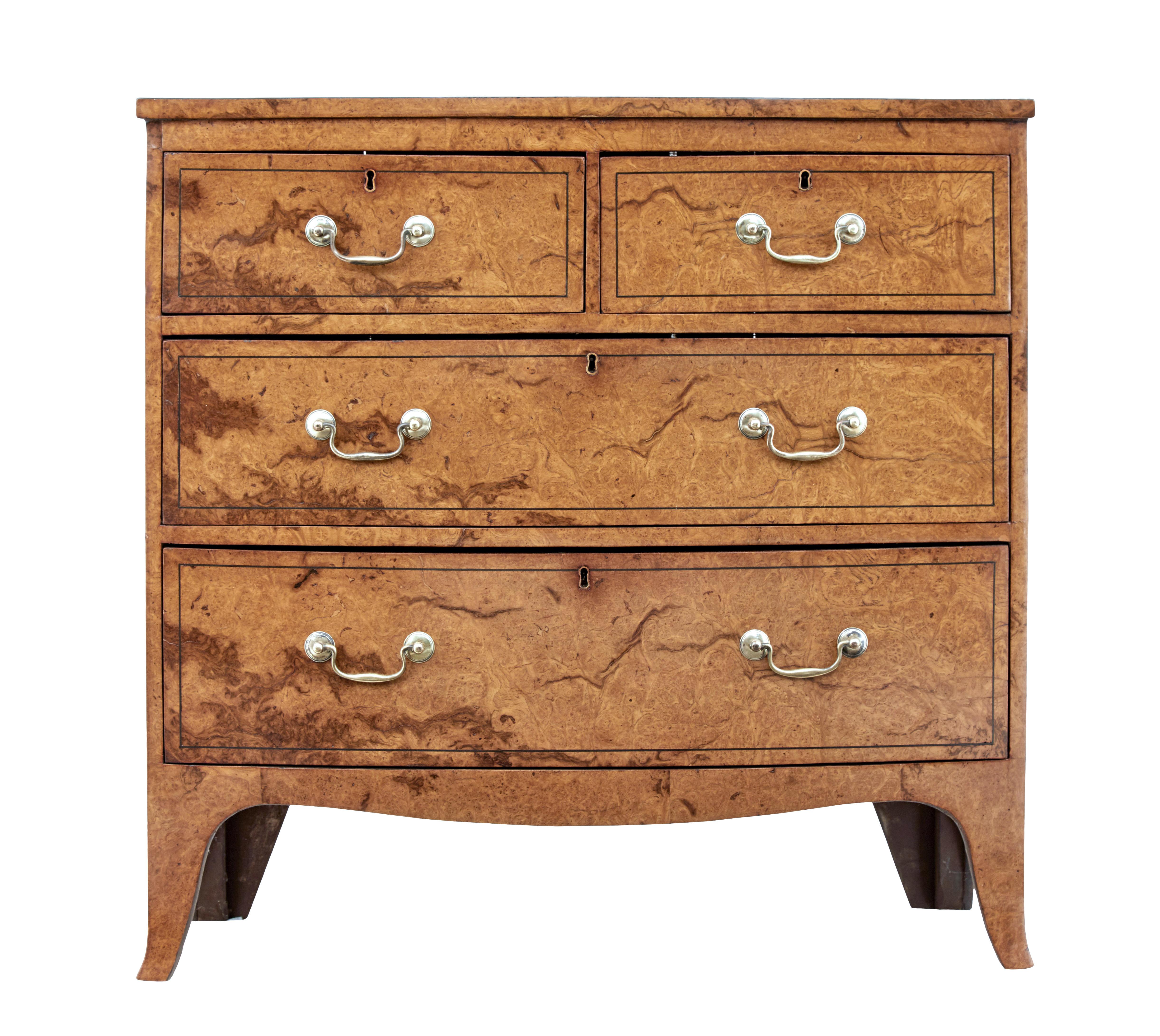 English Burr Walnut Bow Front Chest of Drawers circa 1870 with Bookmatch Veneer For Sale 1
