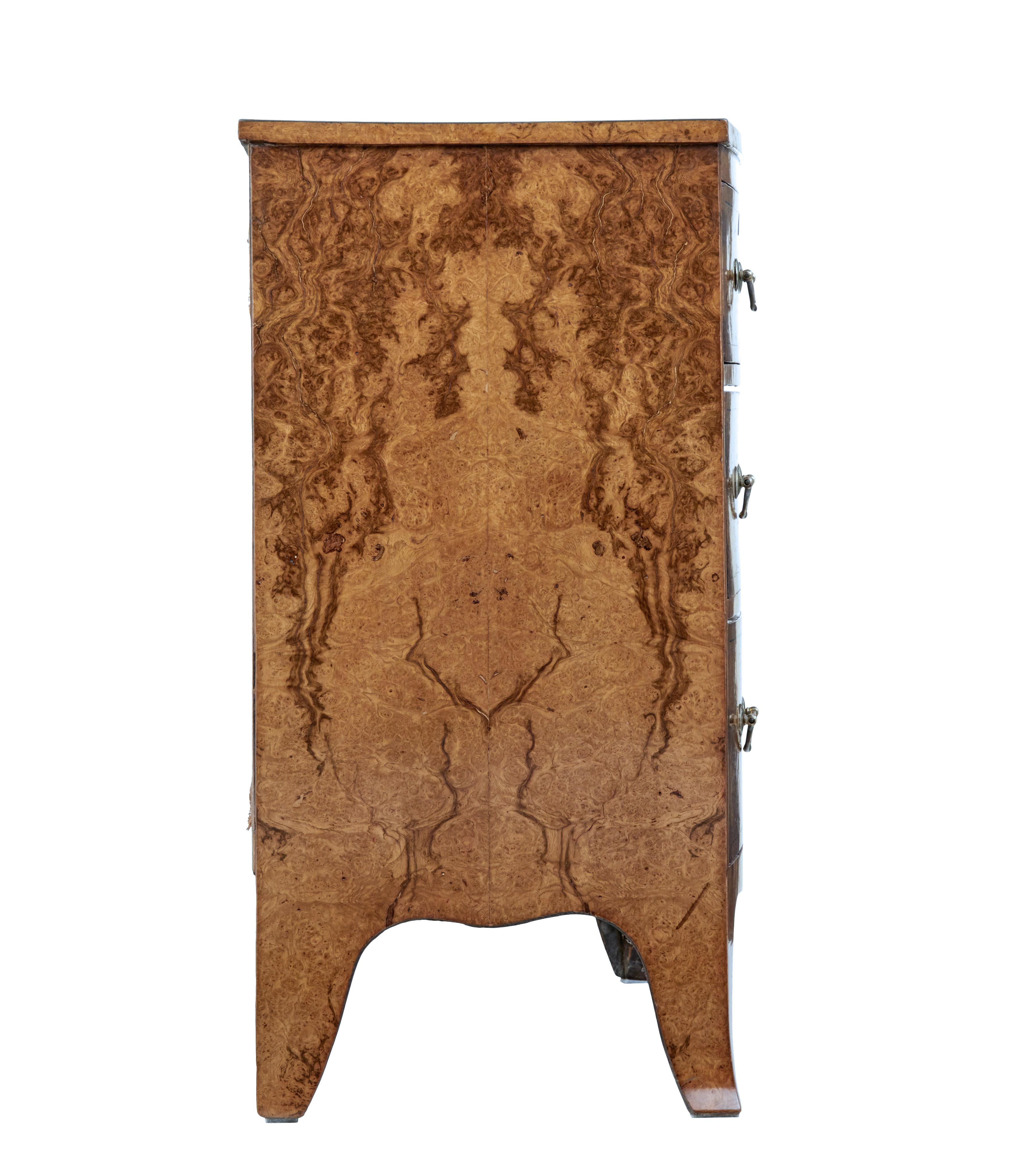 English Burr Walnut Bow Front Chest of Drawers circa 1870 with Bookmatch Veneer For Sale 3