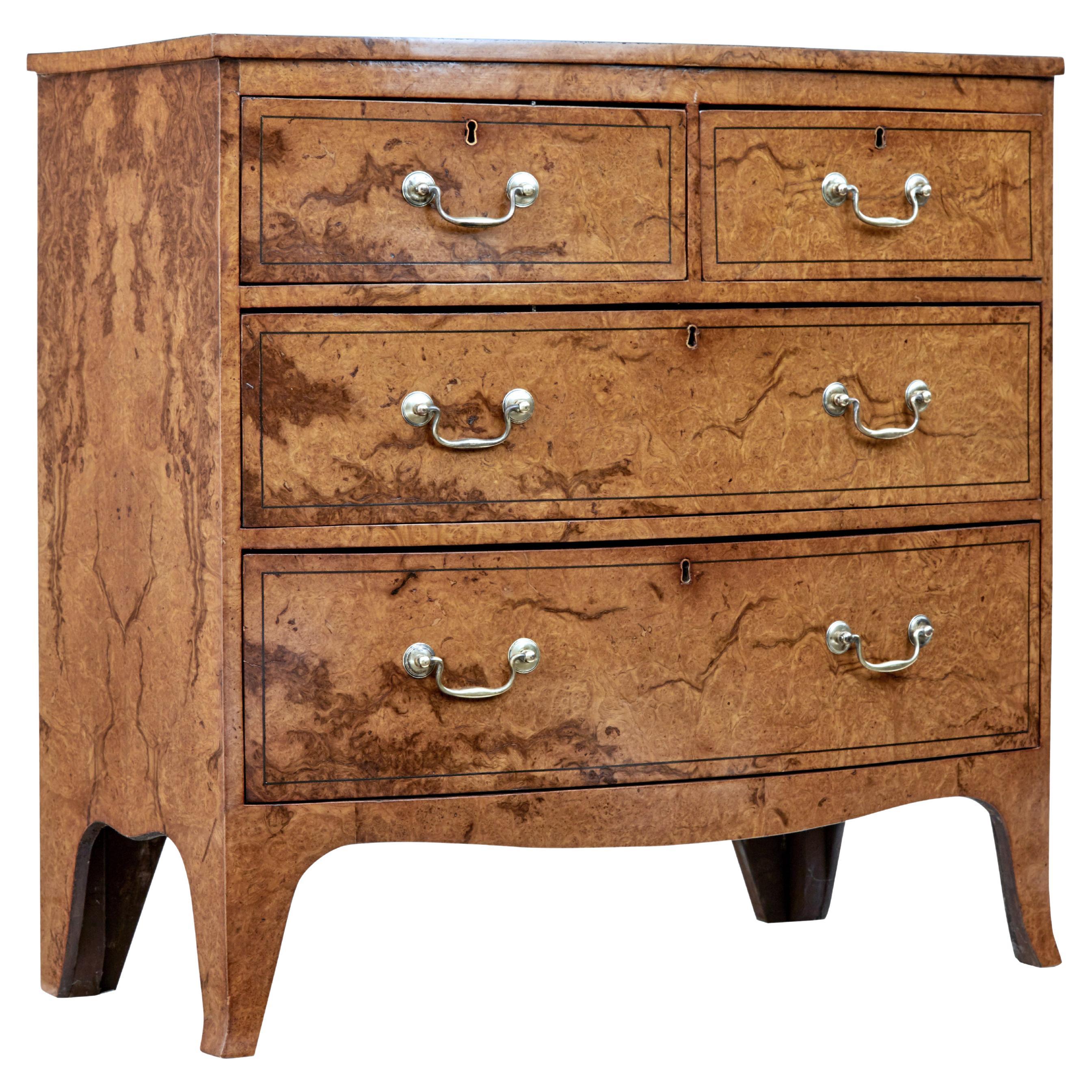 English Burr Walnut Bow Front Chest of Drawers circa 1870 with Bookmatch Veneer For Sale