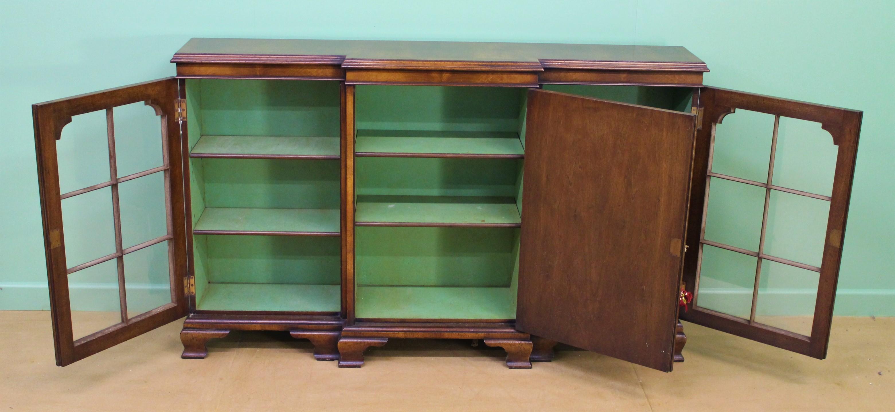 Georgian English Burr Walnut Break Front Bookcase For Sale