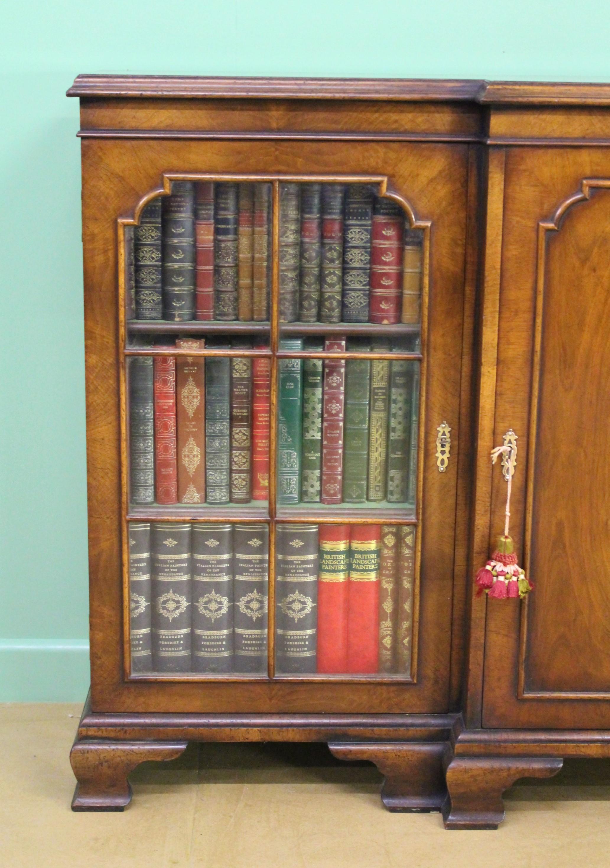 20th Century English Burr Walnut Break Front Bookcase For Sale