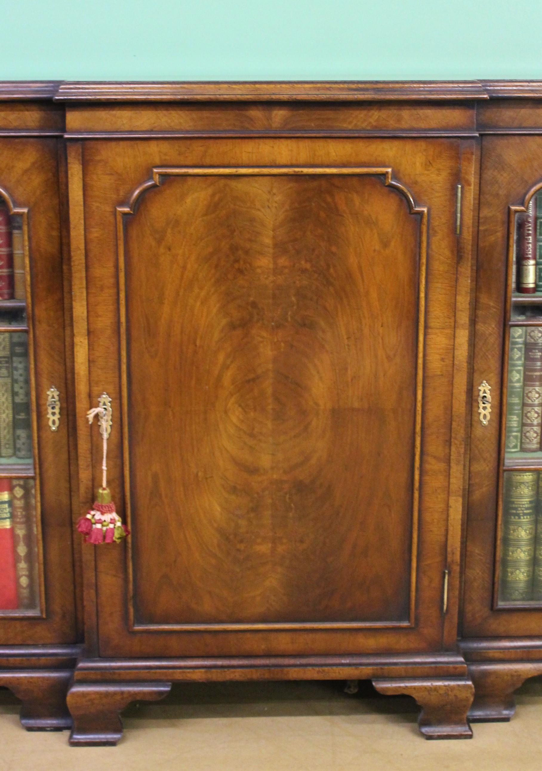 English Burr Walnut Break Front Bookcase For Sale 2