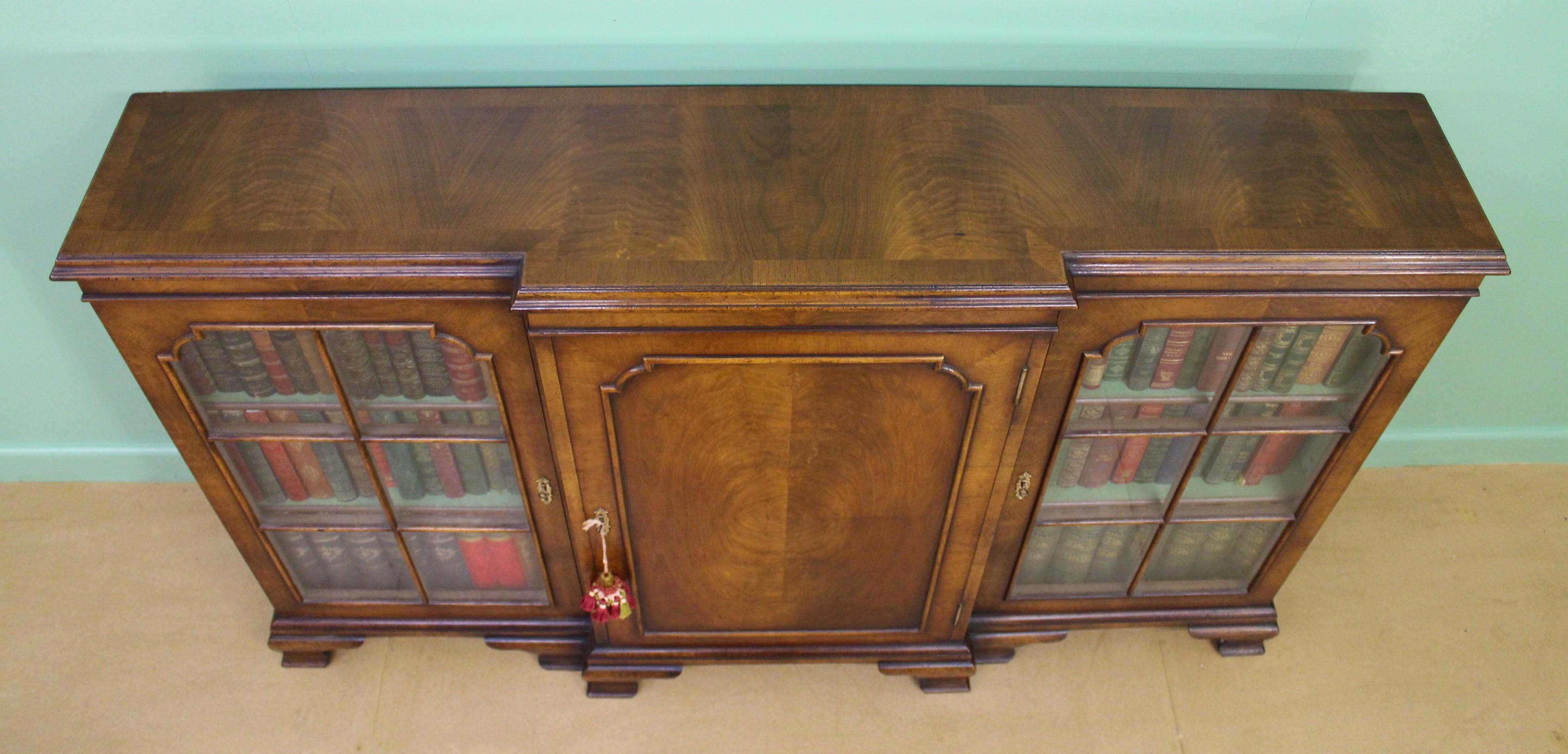 English Burr Walnut Break Front Bookcase For Sale 4