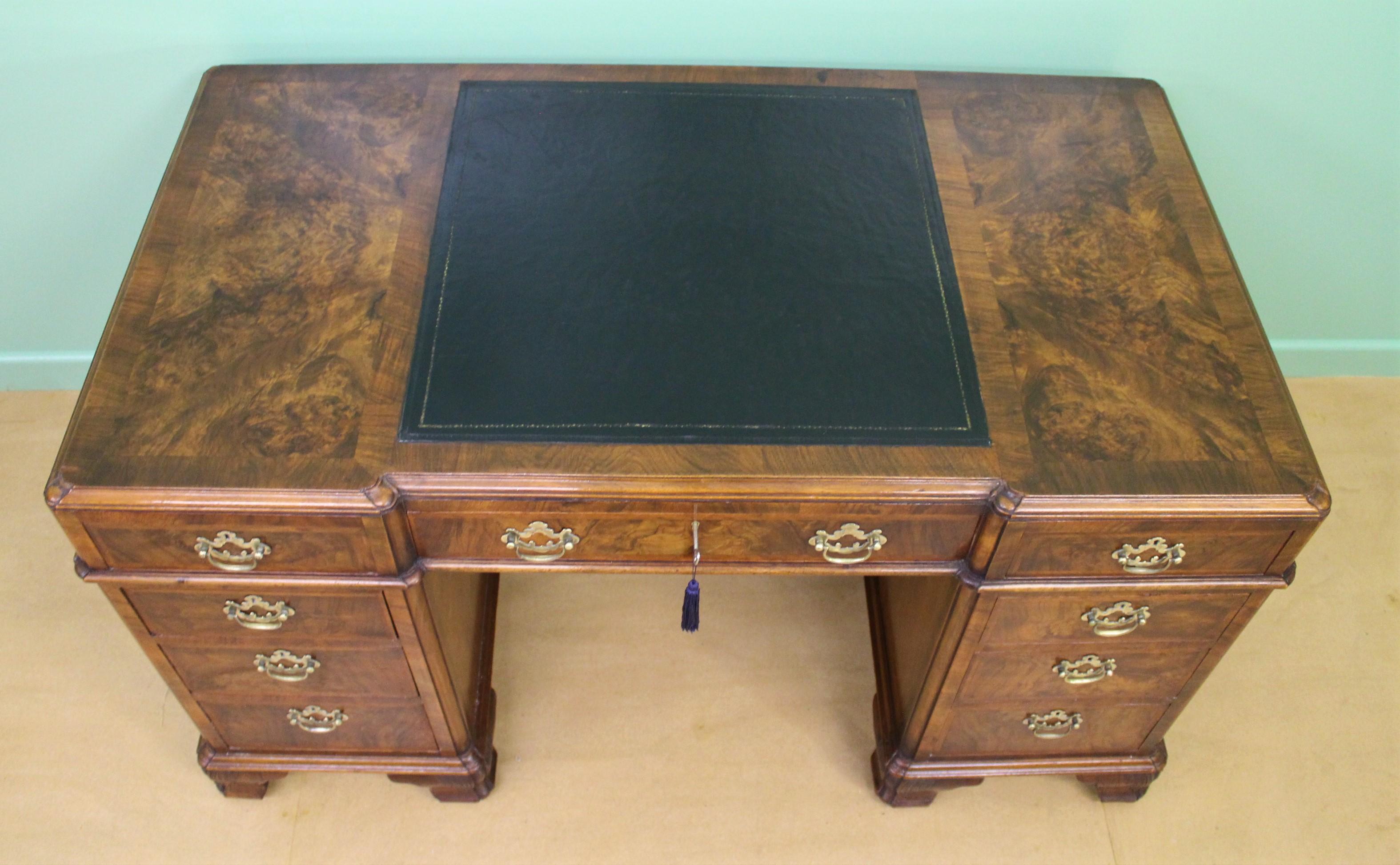 English Burr Walnut Pedestal Desk by Maple & Co. 6