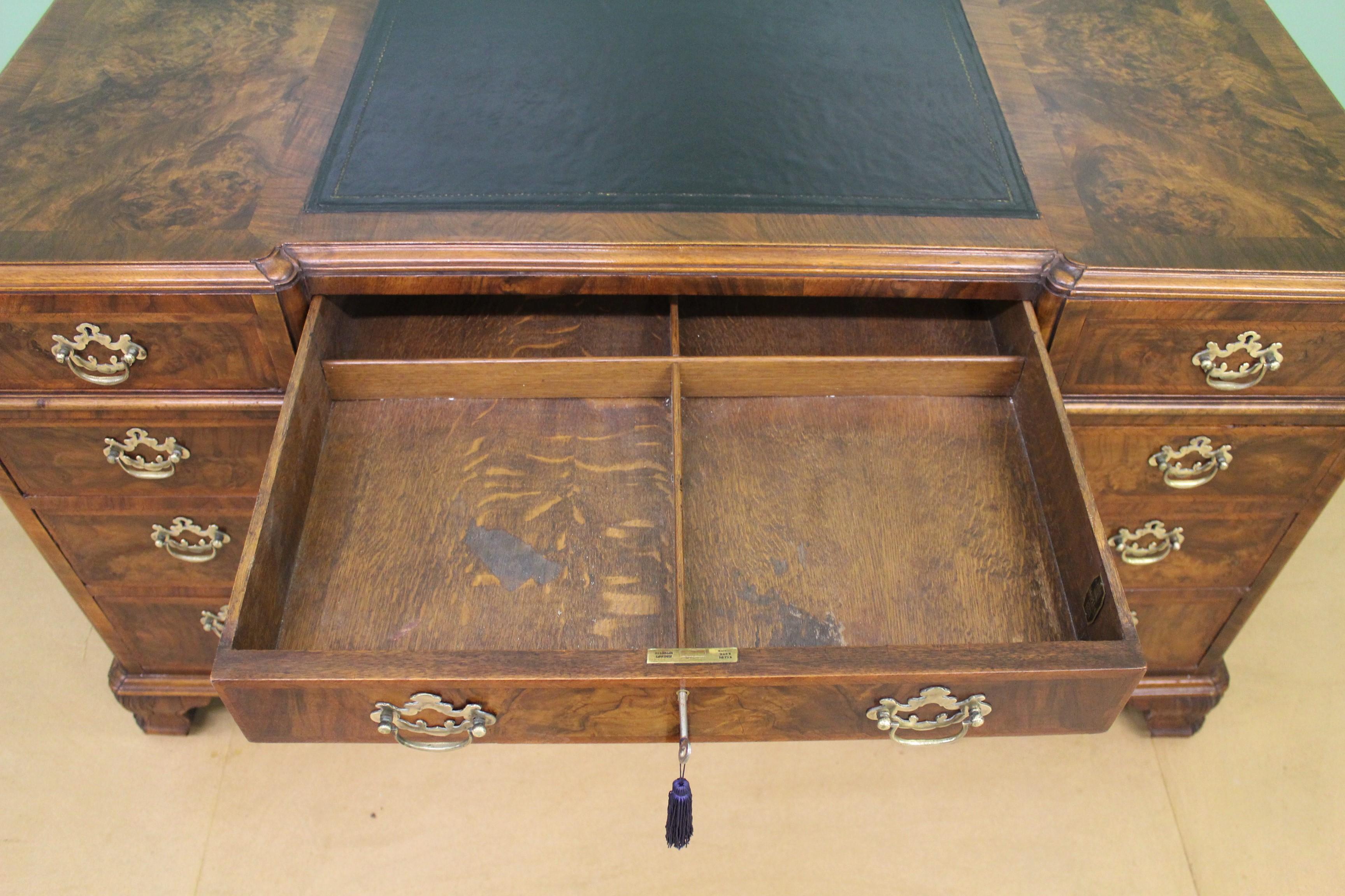 English Burr Walnut Pedestal Desk by Maple & Co. 8