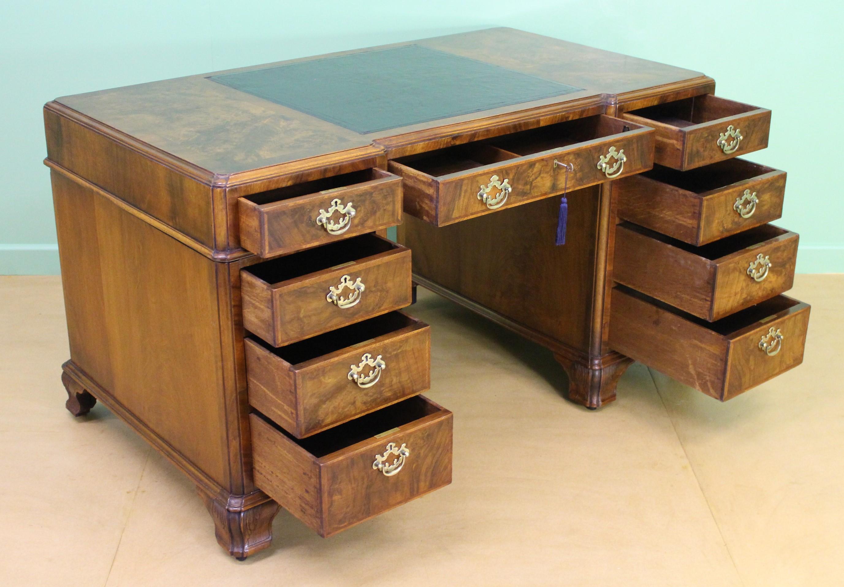 English Burr Walnut Pedestal Desk by Maple & Co. 12