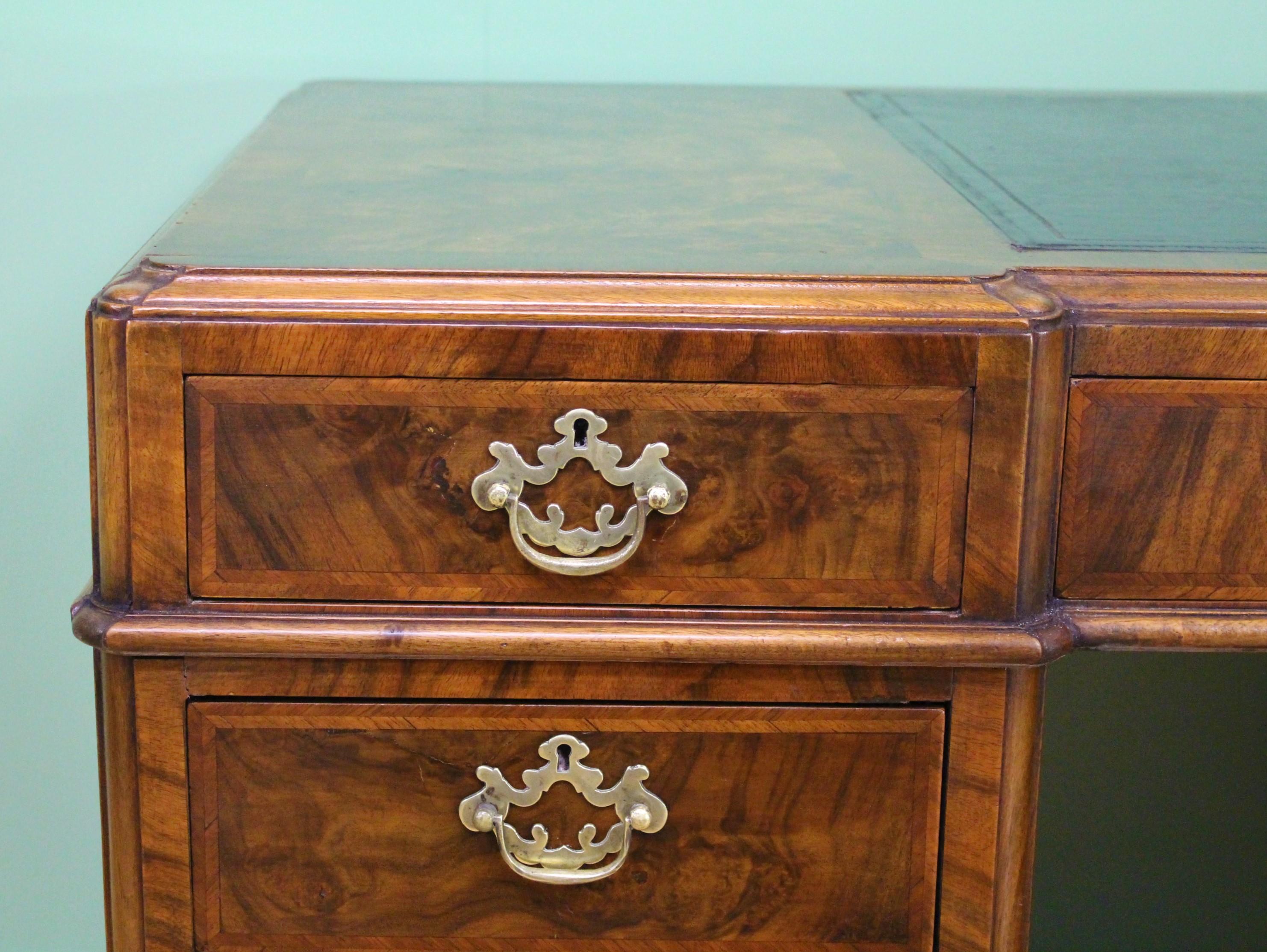 English Burr Walnut Pedestal Desk by Maple & Co. In Good Condition In Poling, West Sussex