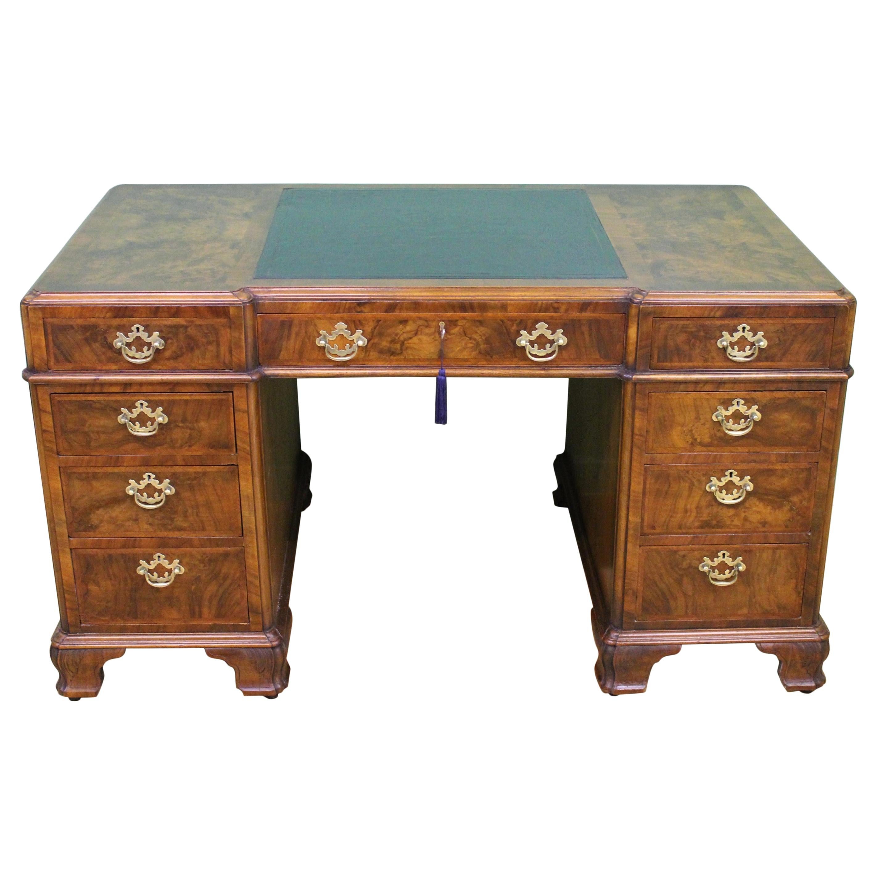 English Burr Walnut Pedestal Desk by Maple & Co.