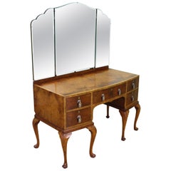 Antique English Burr Walnut Queen Anne Style Dressing Table