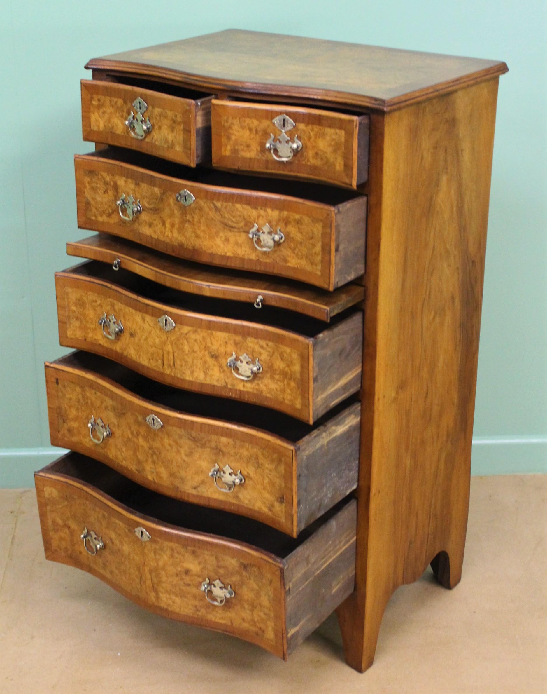 English Burr Walnut Serpentine Fronted Chest of Drawers 3