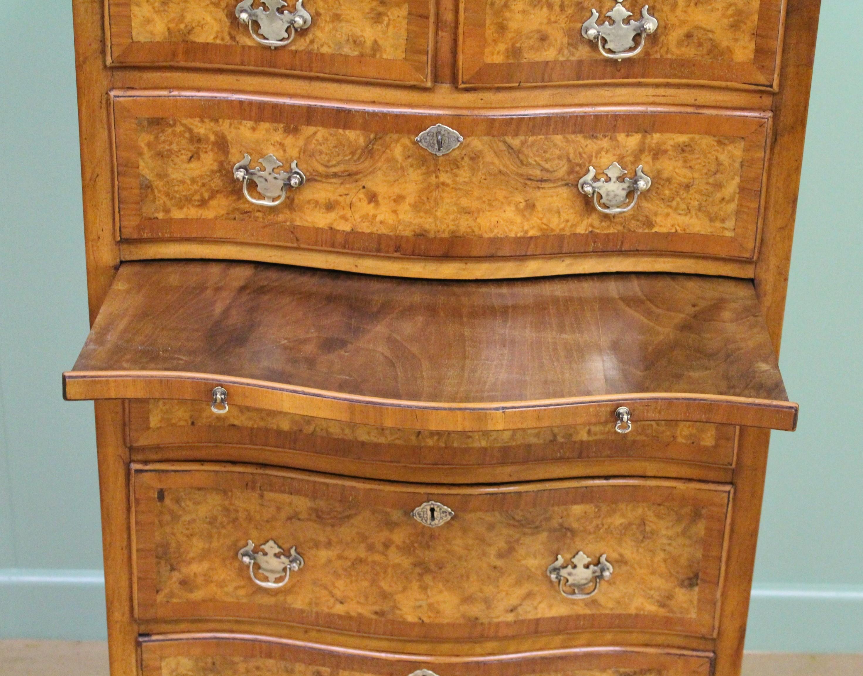 English Burr Walnut Serpentine Fronted Chest of Drawers 4