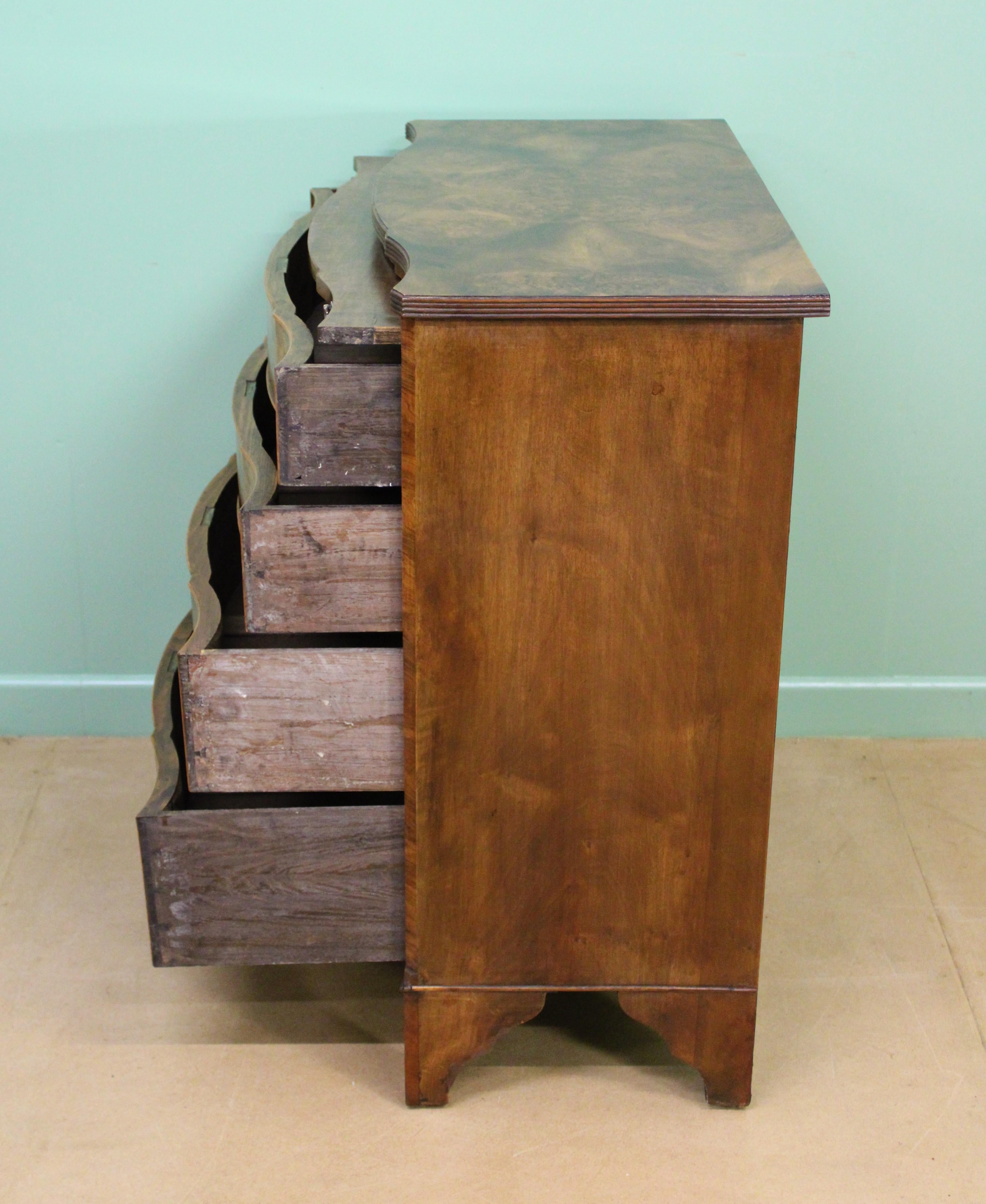 English Burr Walnut Serpentine Fronted Chest of Drawers For Sale 7