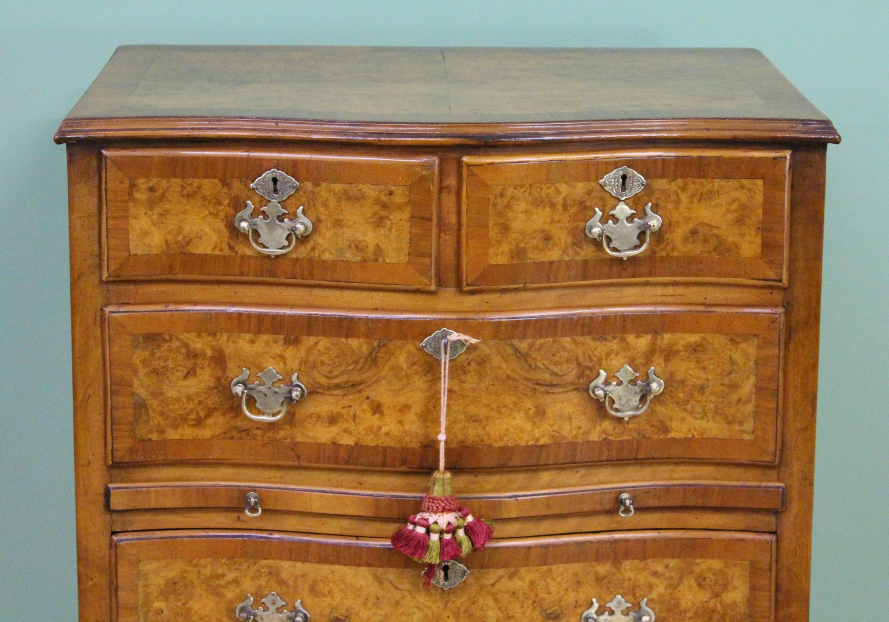 English Burr Walnut Serpentine Fronted Chest of Drawers (Queen Anne)