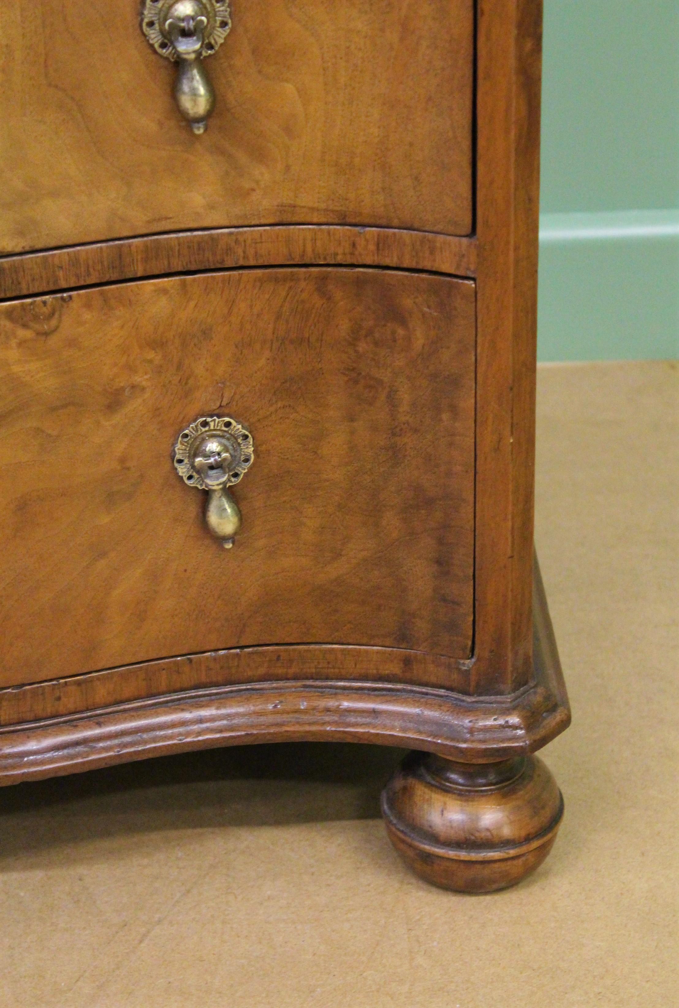 20th Century English Burr Walnut Serpentine Fronted Chest of Drawers For Sale