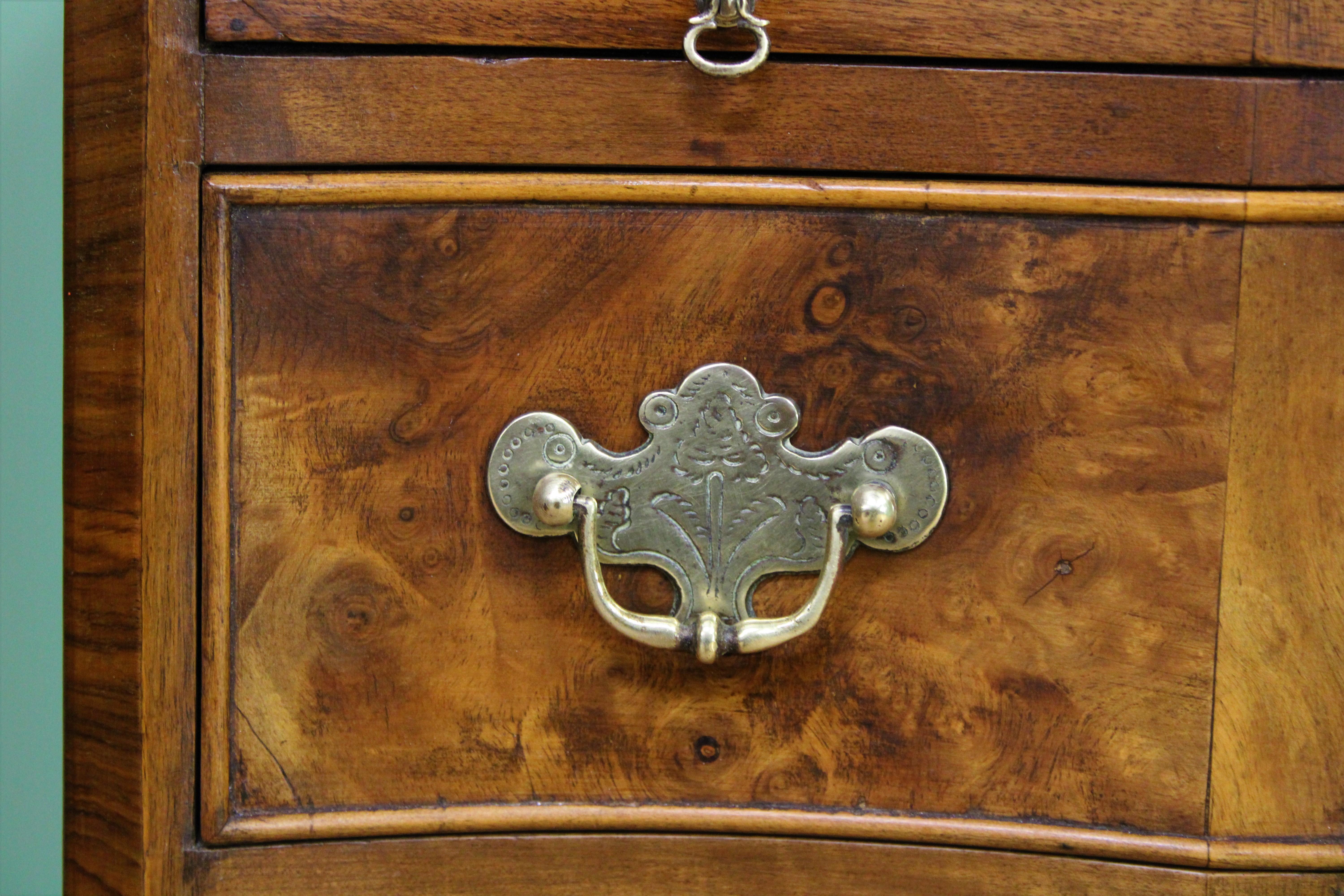 20th Century English Burr Walnut Serpentine Fronted Chest of Drawers For Sale