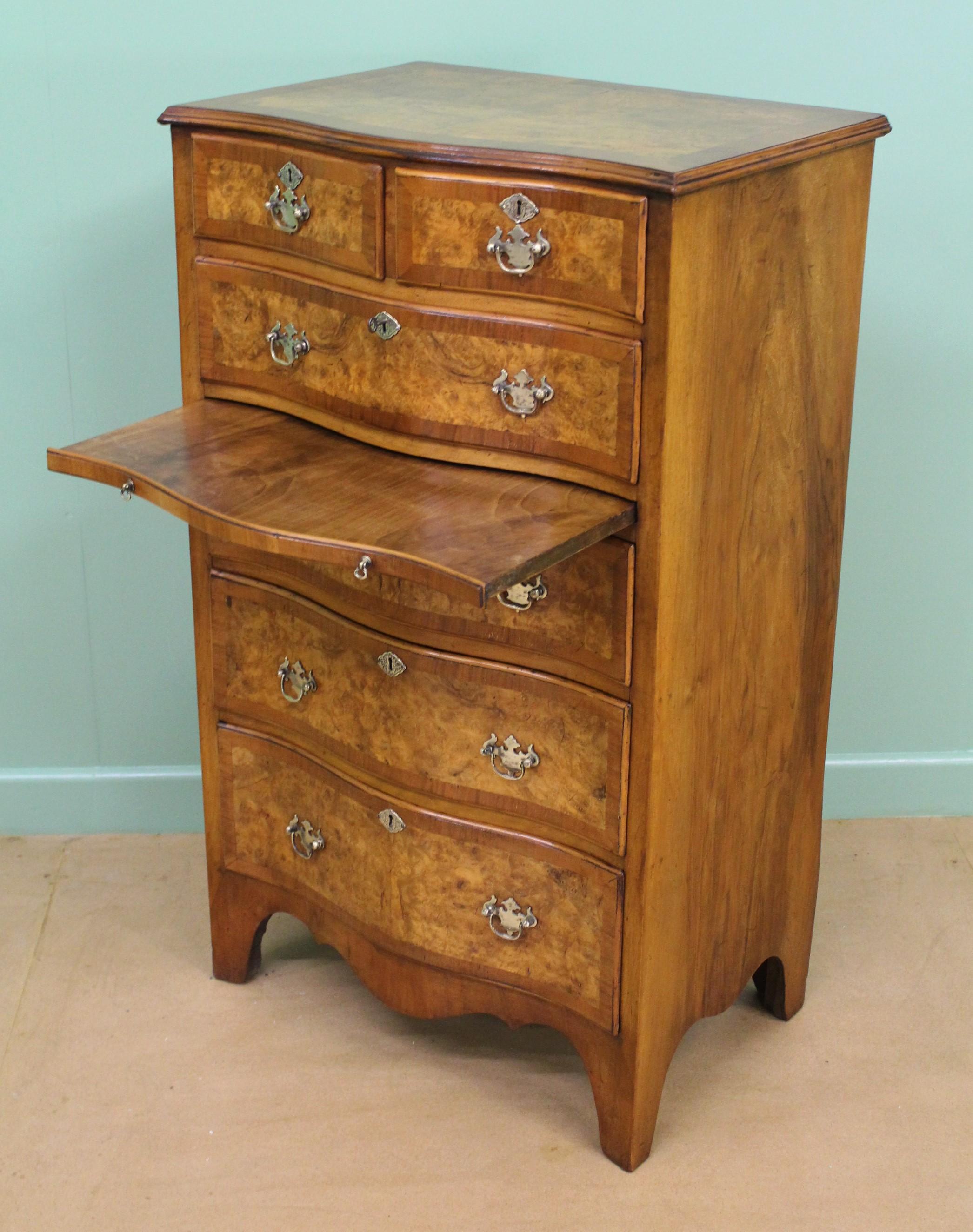 English Burr Walnut Serpentine Fronted Chest of Drawers 2