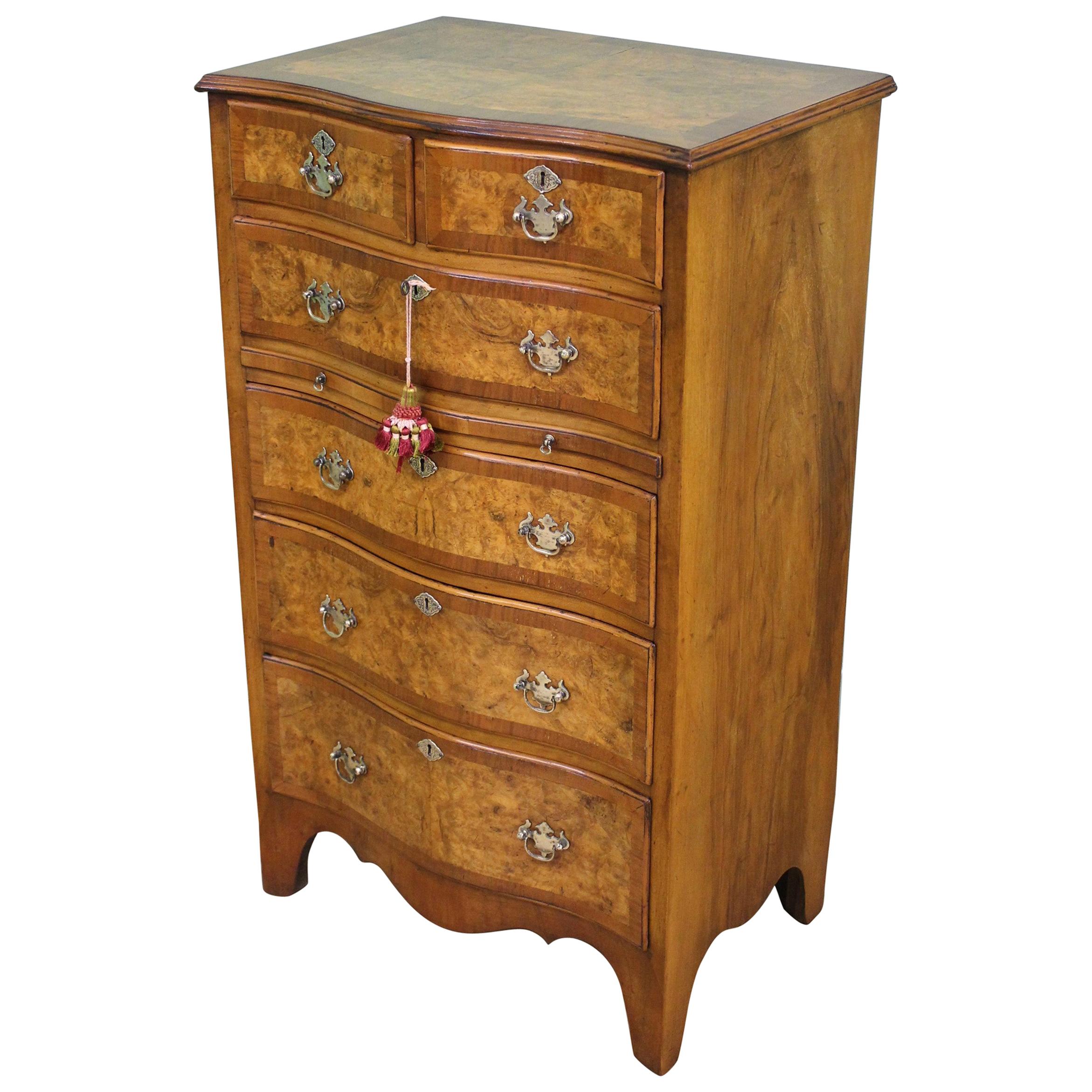English Burr Walnut Serpentine Fronted Chest of Drawers