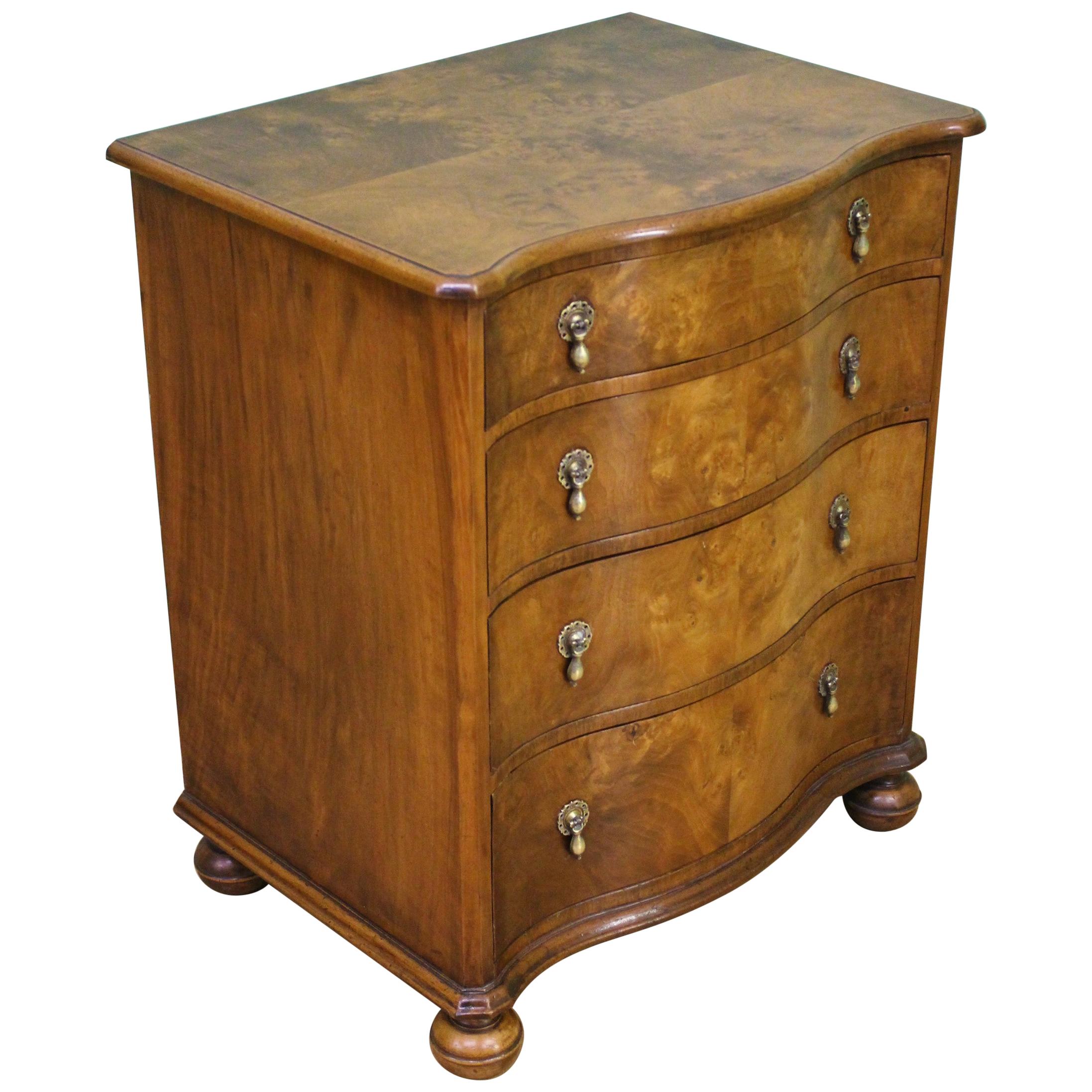 English Burr Walnut Serpentine Fronted Chest of Drawers For Sale