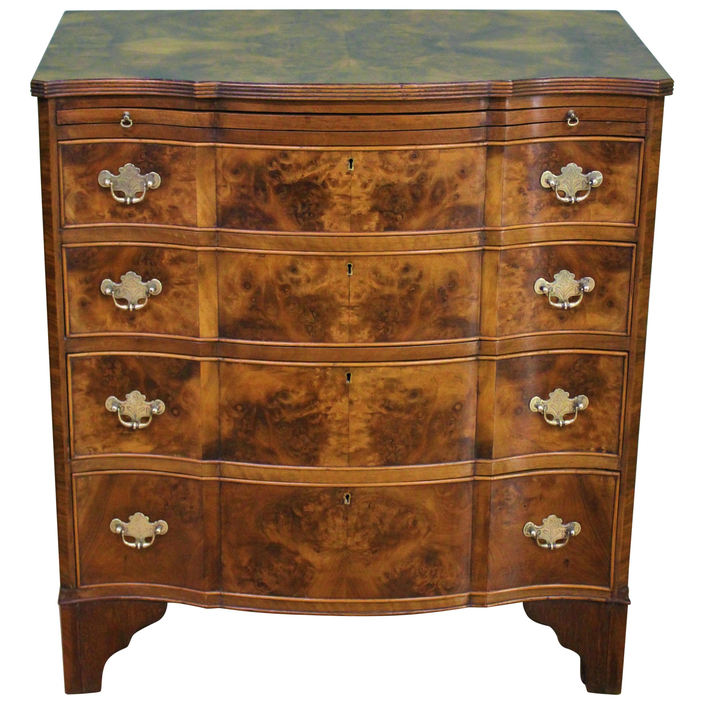 English Burr Walnut Serpentine Fronted Chest of Drawers For Sale