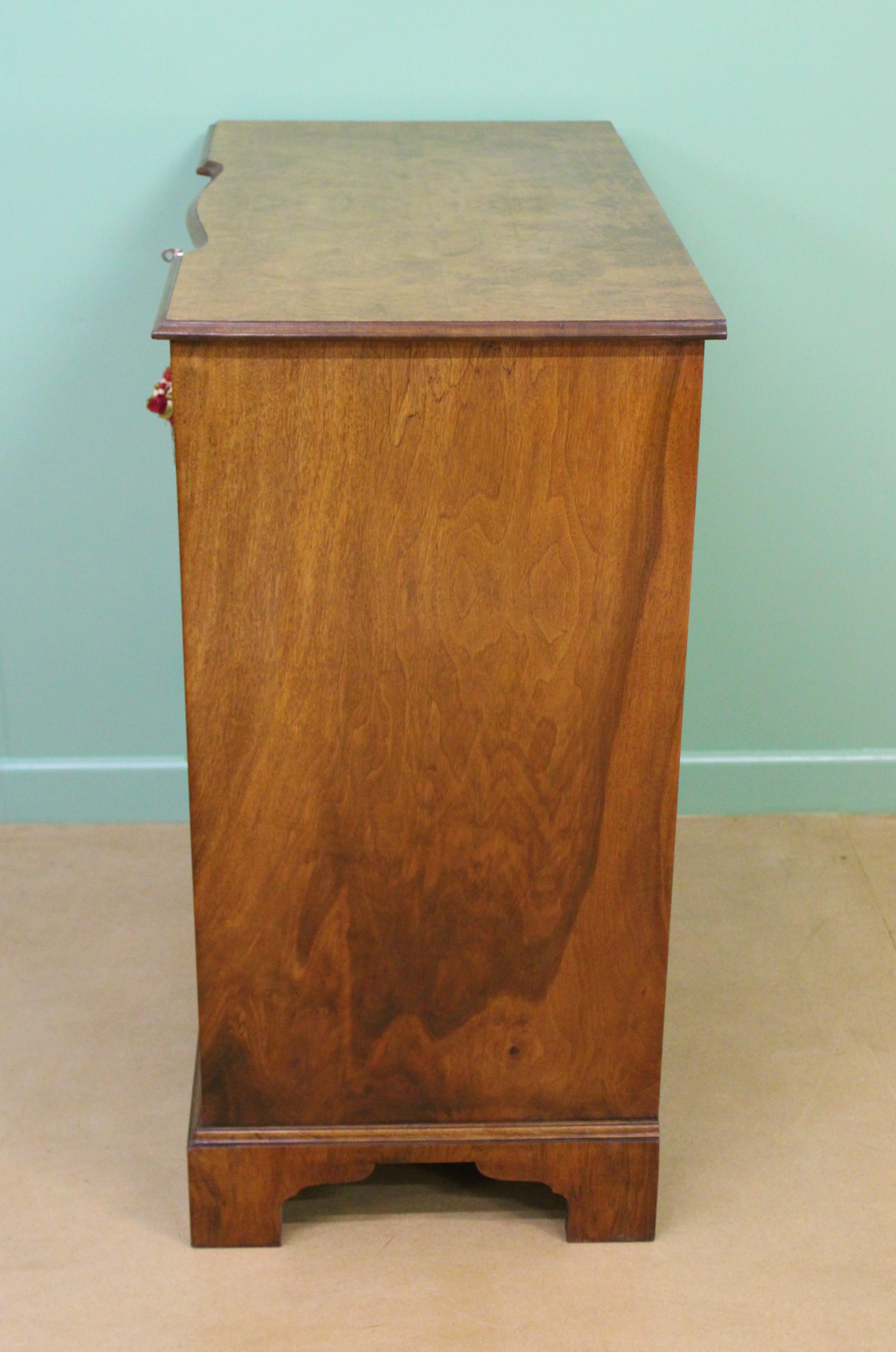 English Burr Walnut Shaped Front Chest of Drawers For Sale 8