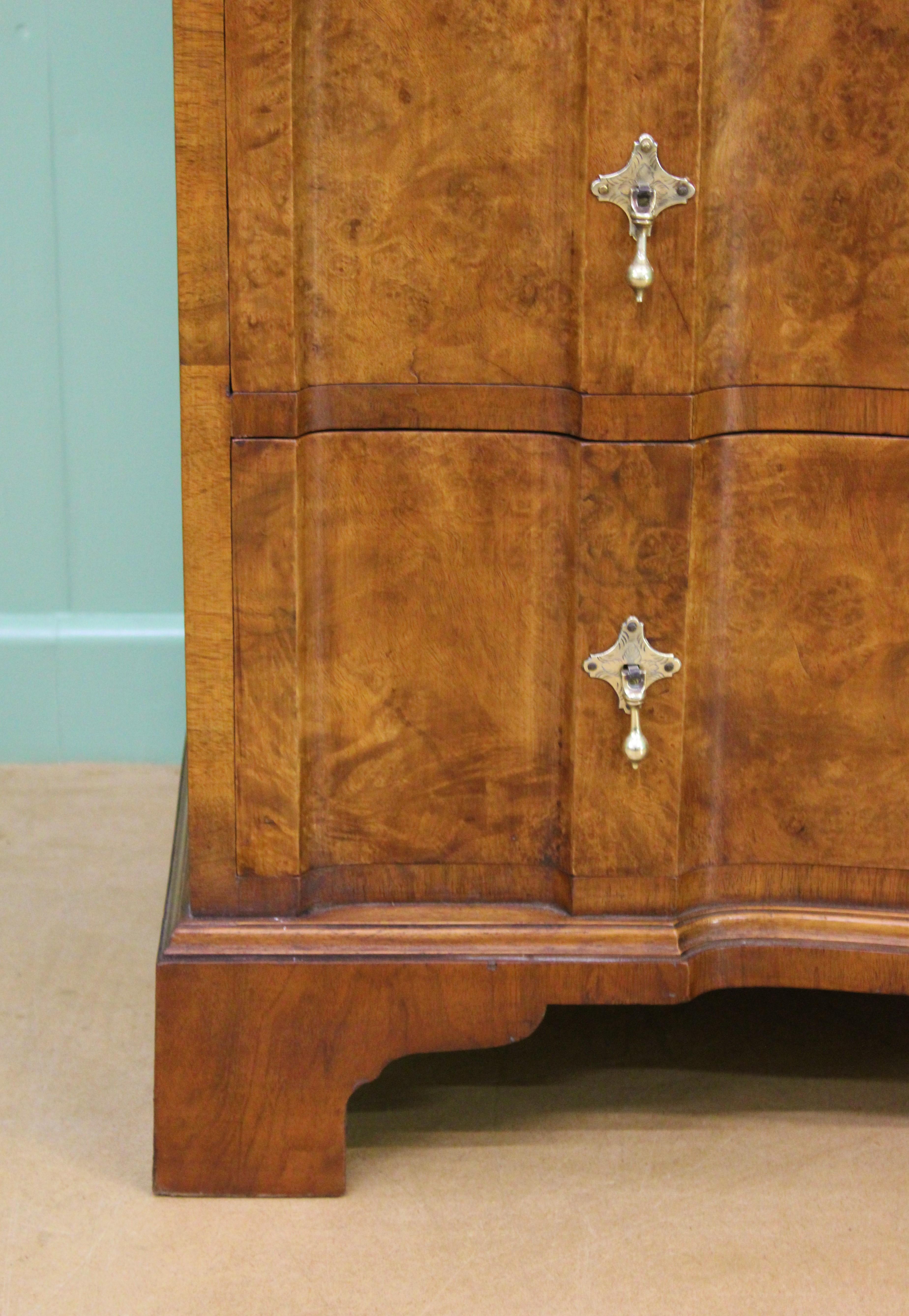 Queen Anne English Burr Walnut Shaped Front Chest of Drawers For Sale