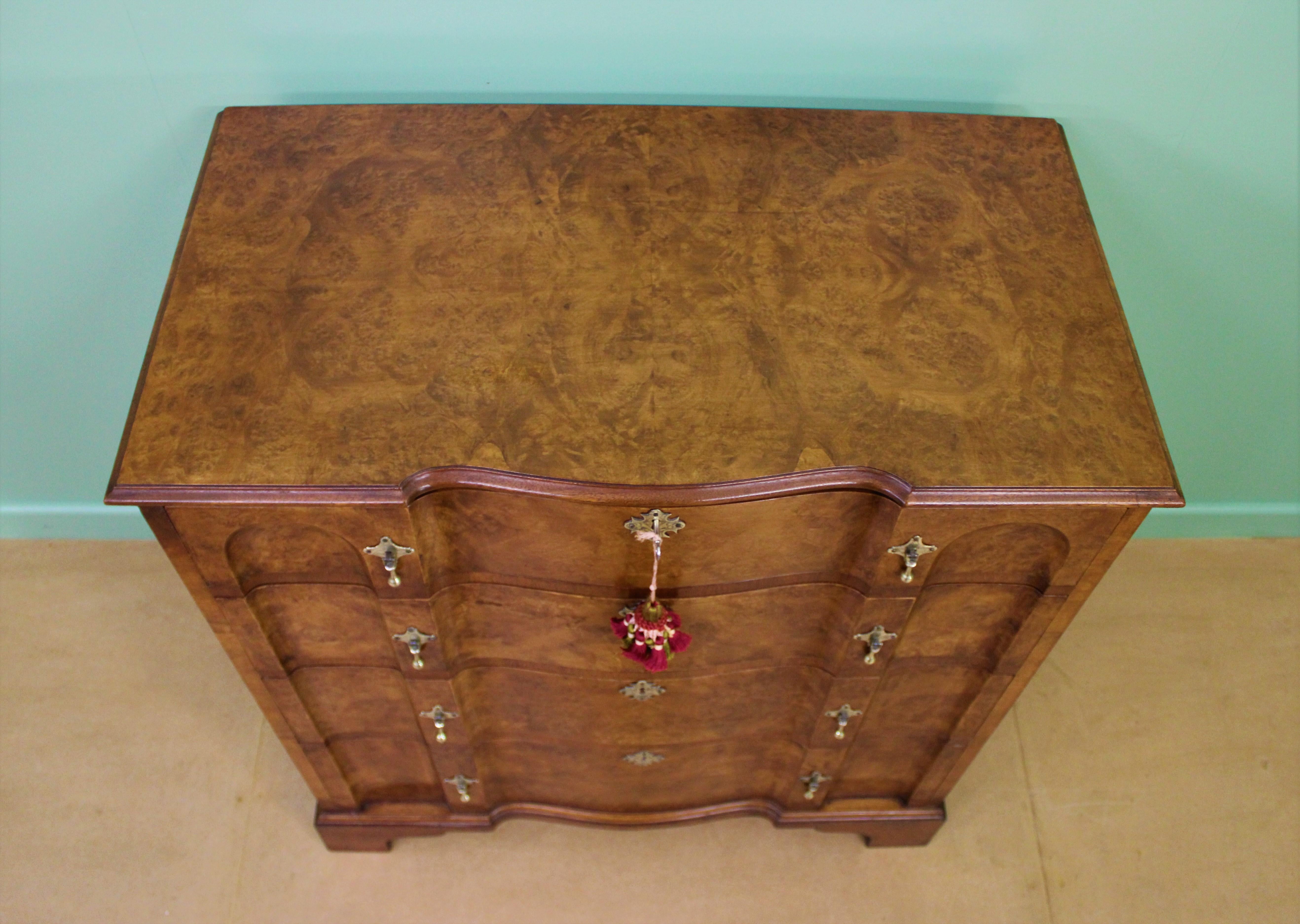 English Burr Walnut Shaped Front Chest of Drawers For Sale 2