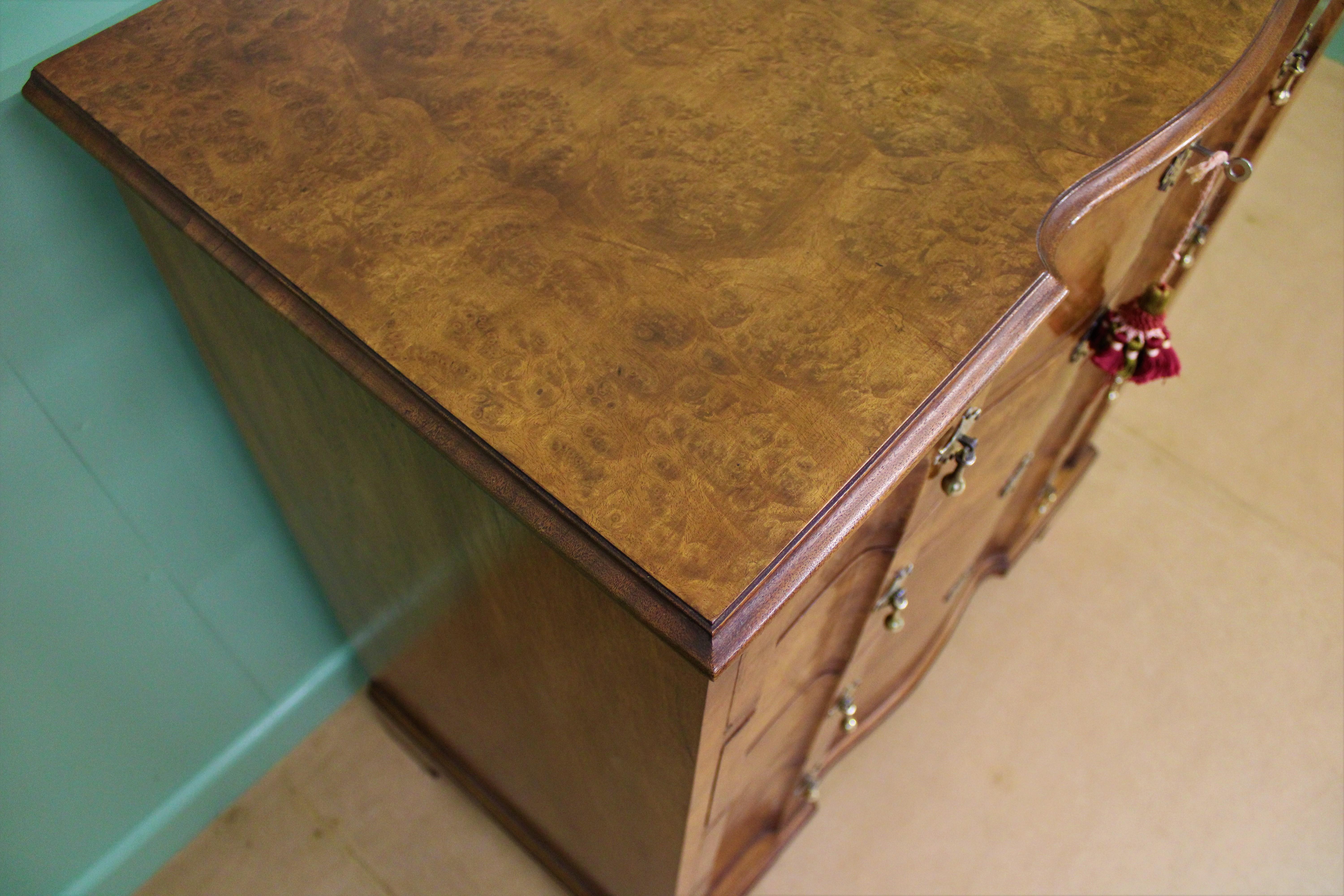 English Burr Walnut Shaped Front Chest of Drawers For Sale 3