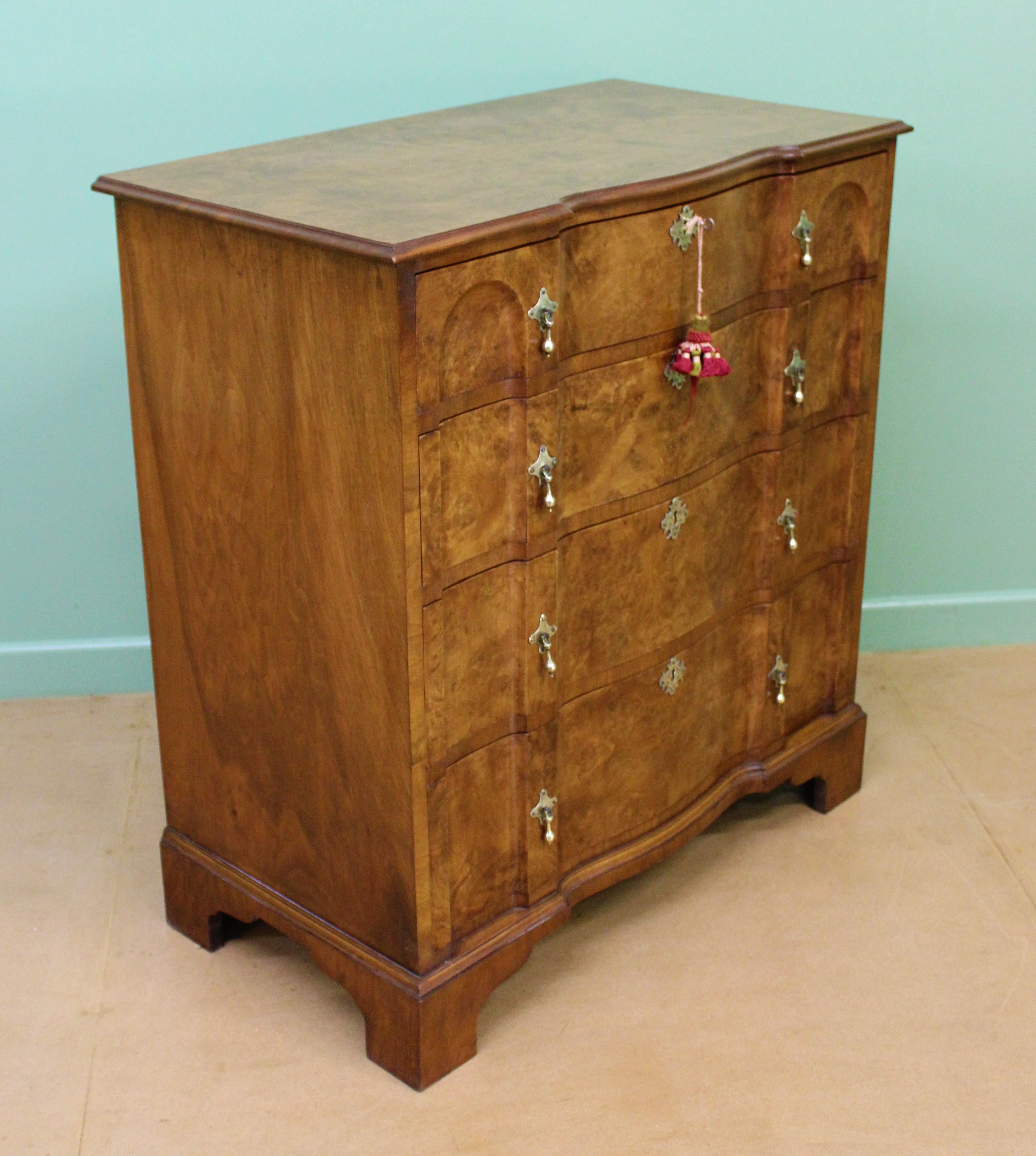 English Burr Walnut Shaped Front Chest of Drawers For Sale 4