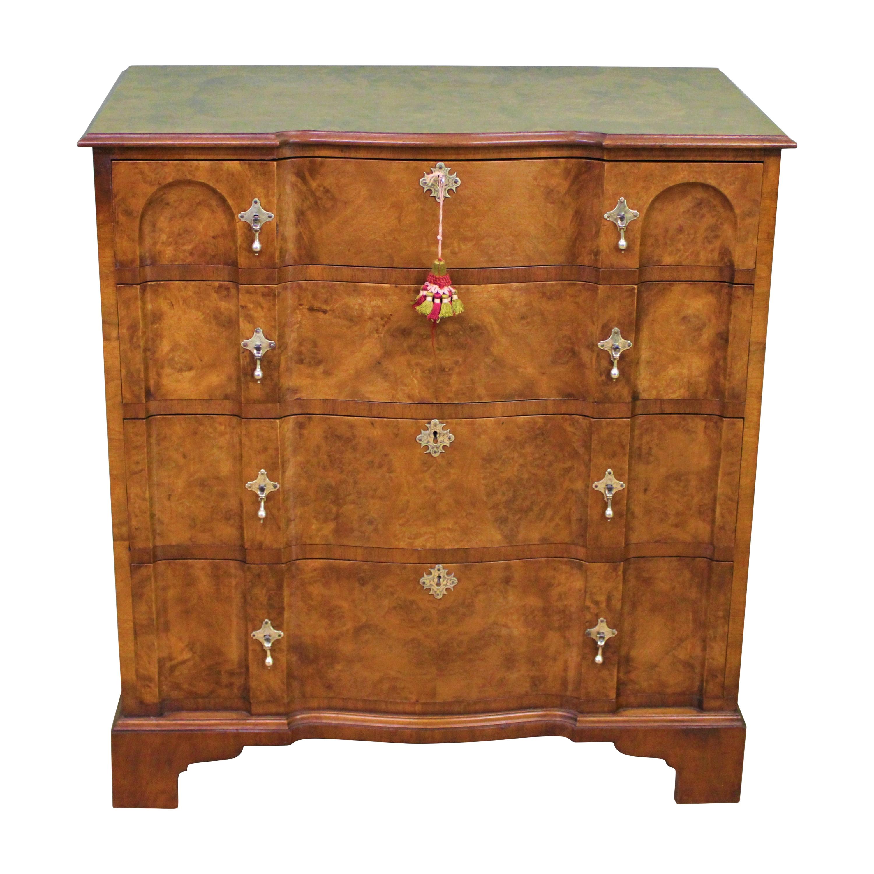 English Burr Walnut Shaped Front Chest of Drawers For Sale